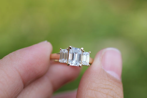 Emerald Cut Moissanite Three Stones Engagement Ring