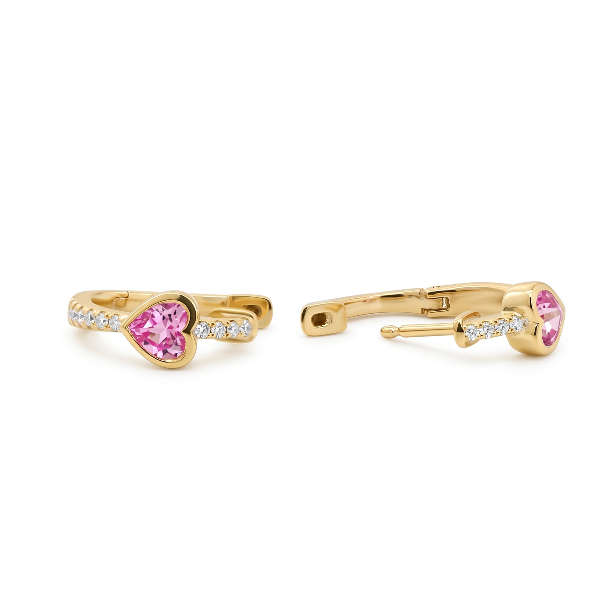 Gold - Plated Sterling Silver Heart Pink Sapphire Stud Earrings with Moissanite Accents - MMR