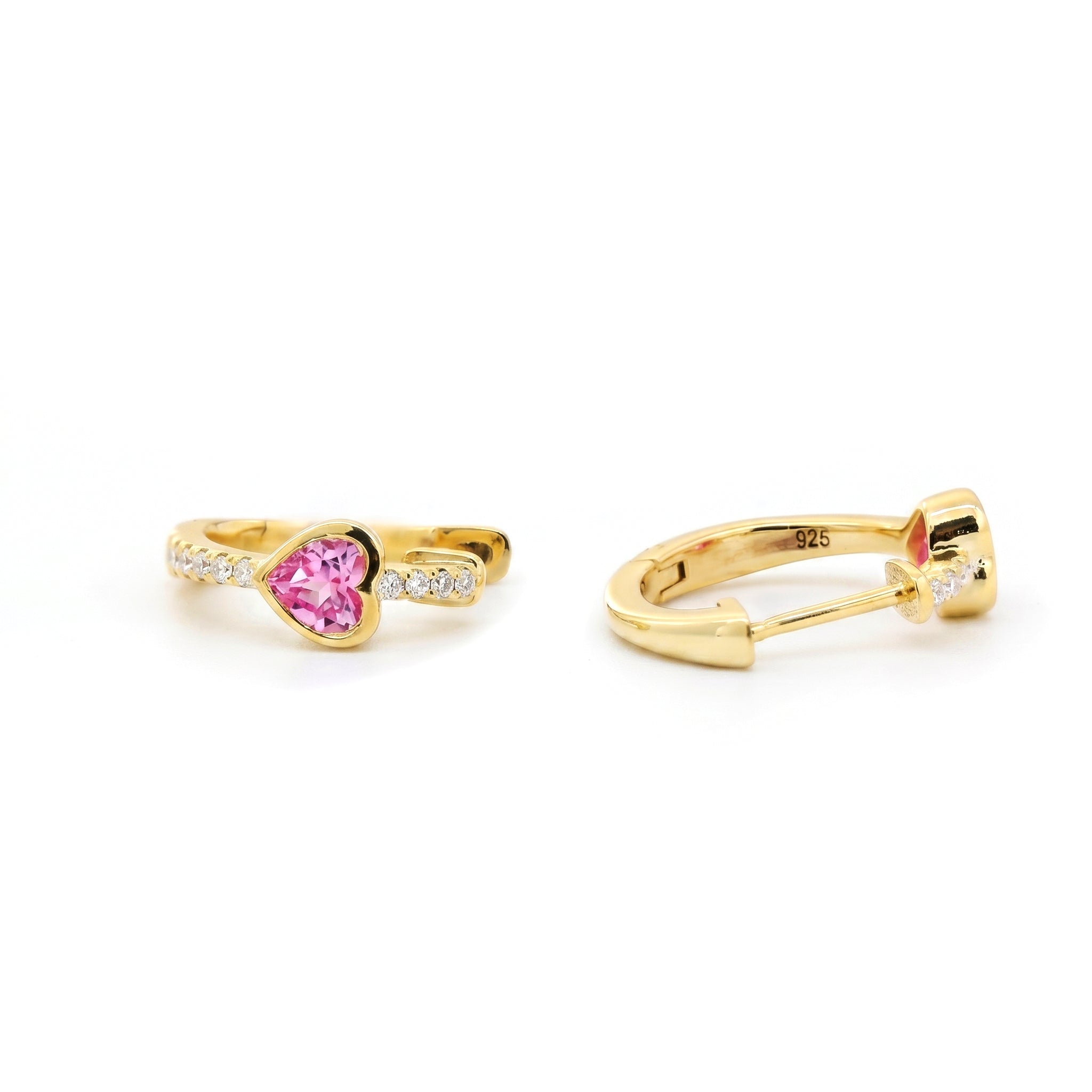 Gold - Plated Sterling Silver Heart Pink Sapphire Stud Earrings with Moissanite Accents - MMR