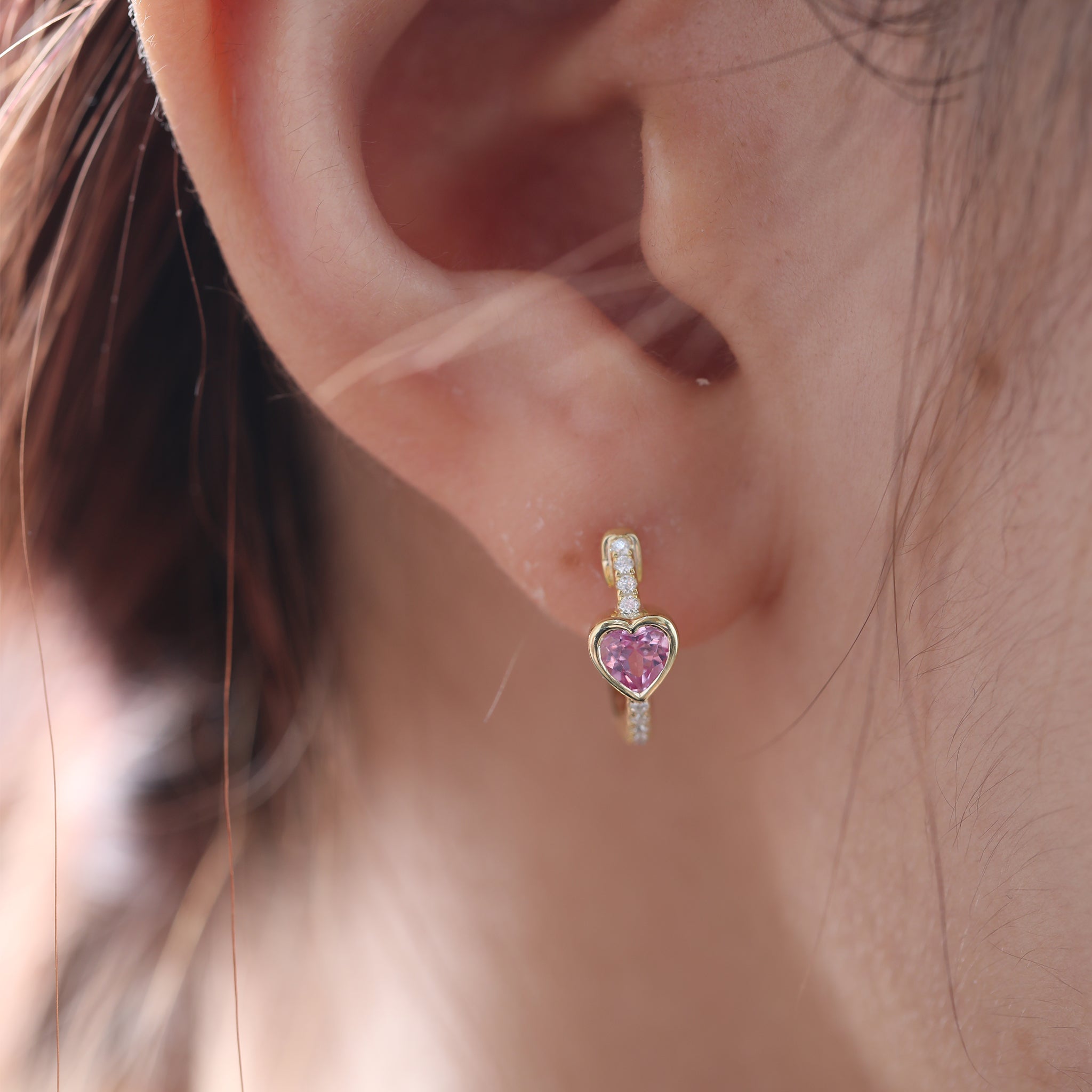 Gold - Plated Sterling Silver Heart Pink Sapphire Stud Earrings with Moissanite Accents - MMR