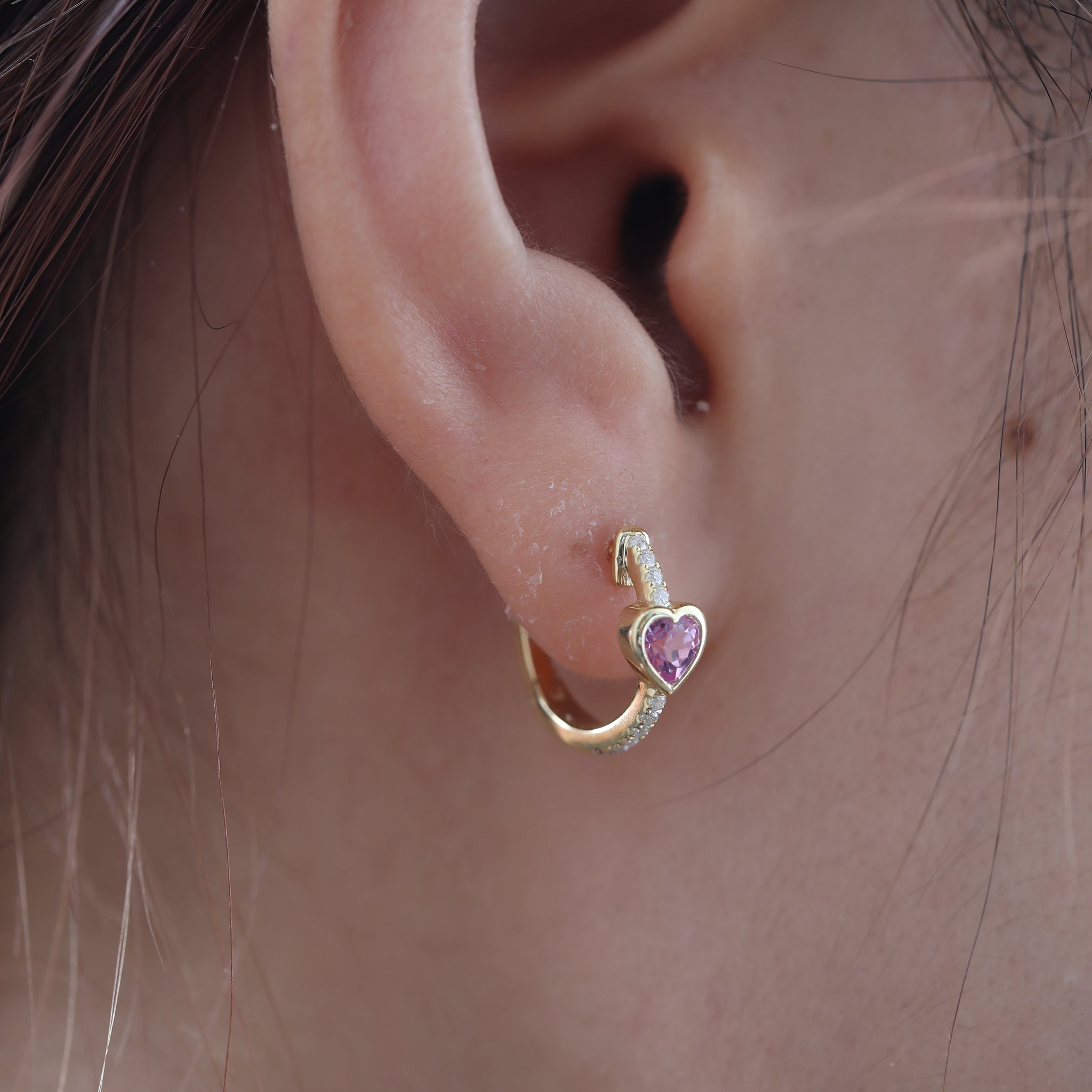 Gold - Plated Sterling Silver Heart Pink Sapphire Stud Earrings with Moissanite Accents - MMR
