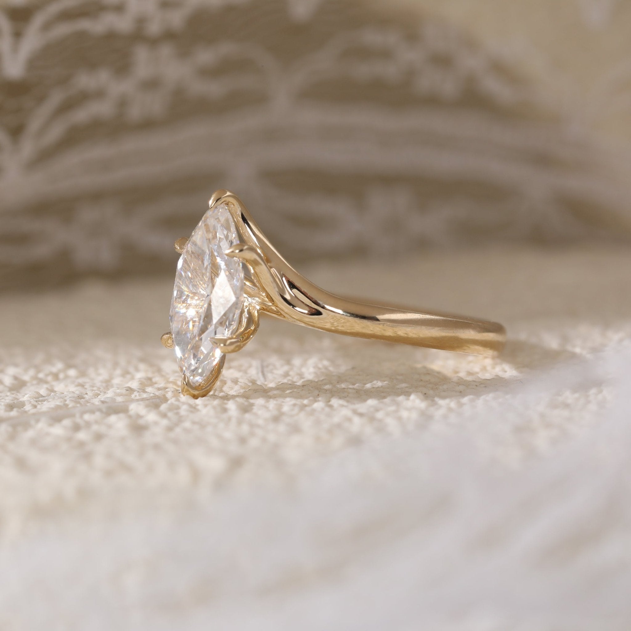 Marquise Cut Lab Diamond Six Claw Prongs Solitaire Ring — Art Nouveau Nature - Inspired - MMR