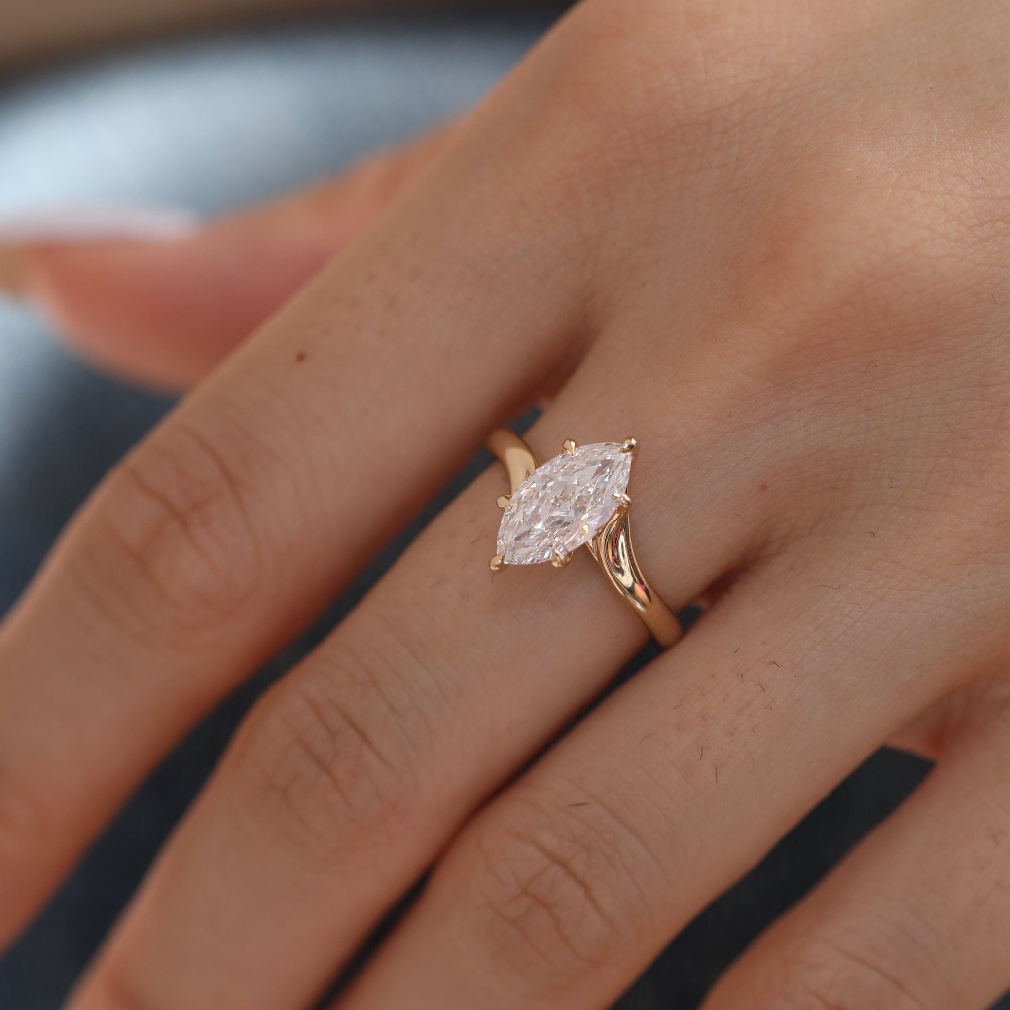 Marquise Cut Lab Diamond Six Claw Prongs Solitaire Ring — Art Nouveau Nature - Inspired - MMR