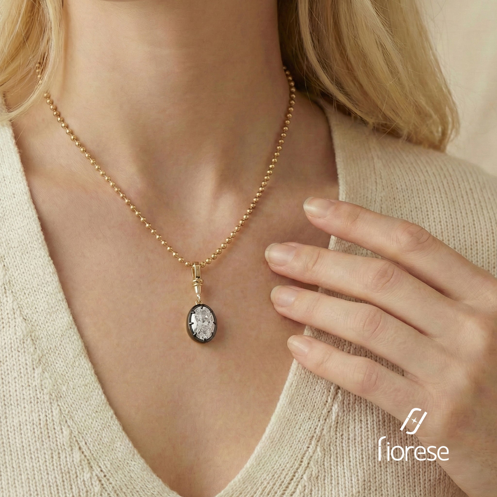 Oval Crushed ice Lab Diamond Black Rhodium Plating Bezel Pendant - MMR