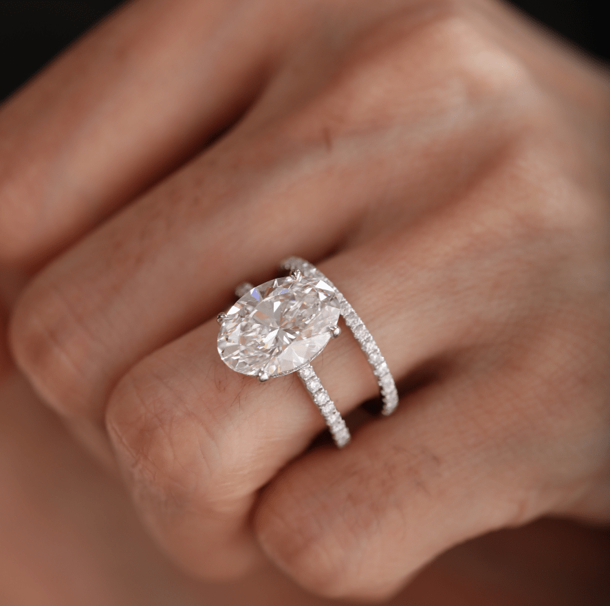 Oval Cut Lab Diamond 4 - Claw Hidden Halo Cathedral Bridal Set — Engagement Ring with U - Shaped Pavé Eternity Band - MMR