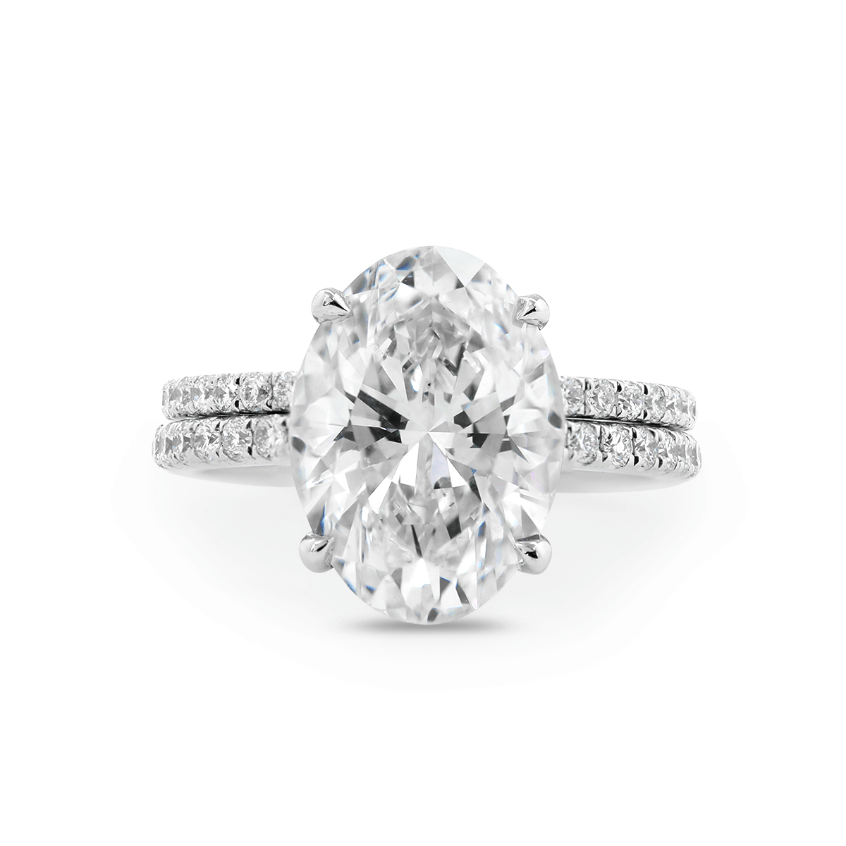 Oval Cut Lab Diamond 4 - Claw Hidden Halo Cathedral Bridal Set — Engagement Ring with U - Shaped Pavé Eternity Band - MMR
