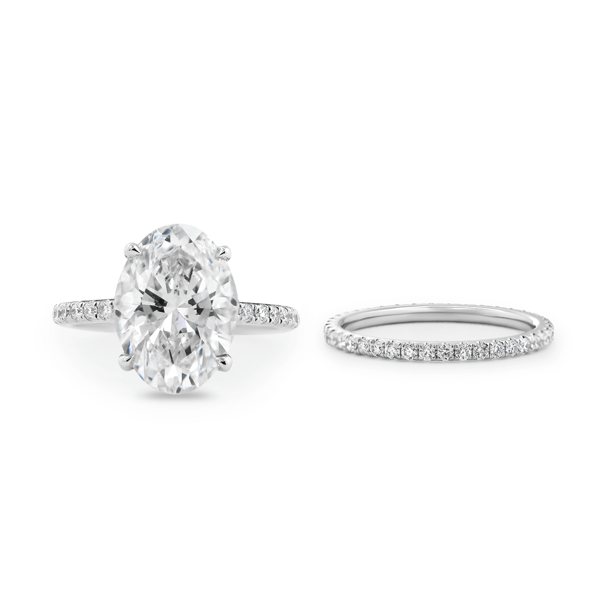 Oval Cut Lab Diamond 4 - Claw Hidden Halo Cathedral Bridal Set — Engagement Ring with U - Shaped Pavé Eternity Band - MMR