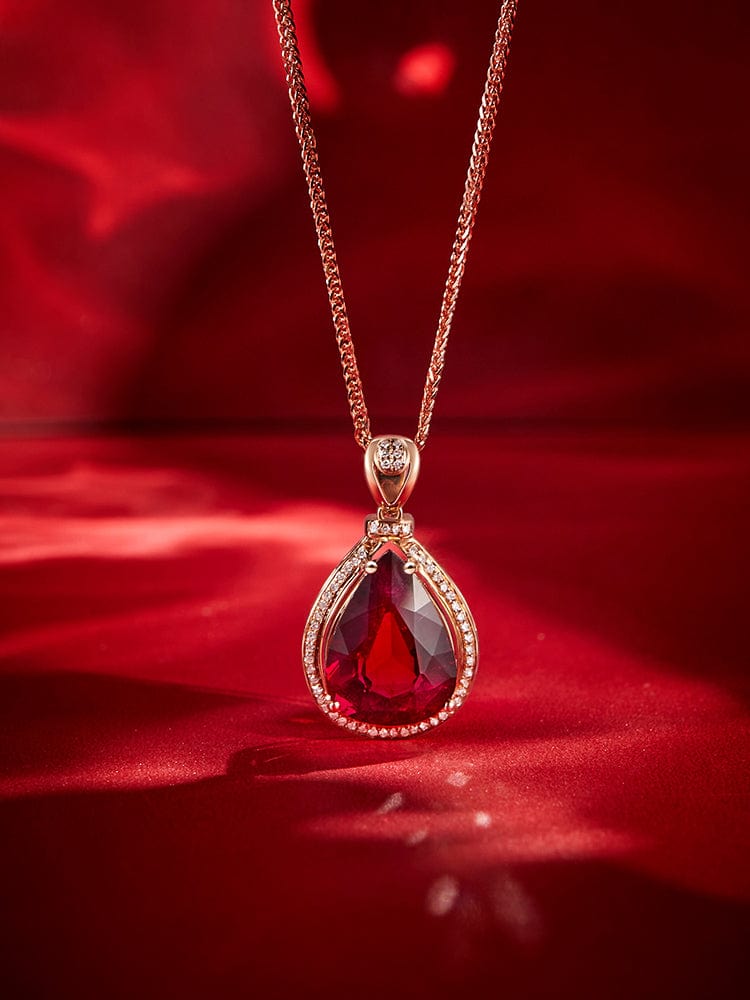 Pear Cut Pigon Blood Lab Grown Ruby With Lab Diamond Halo Design Pendant Necklace