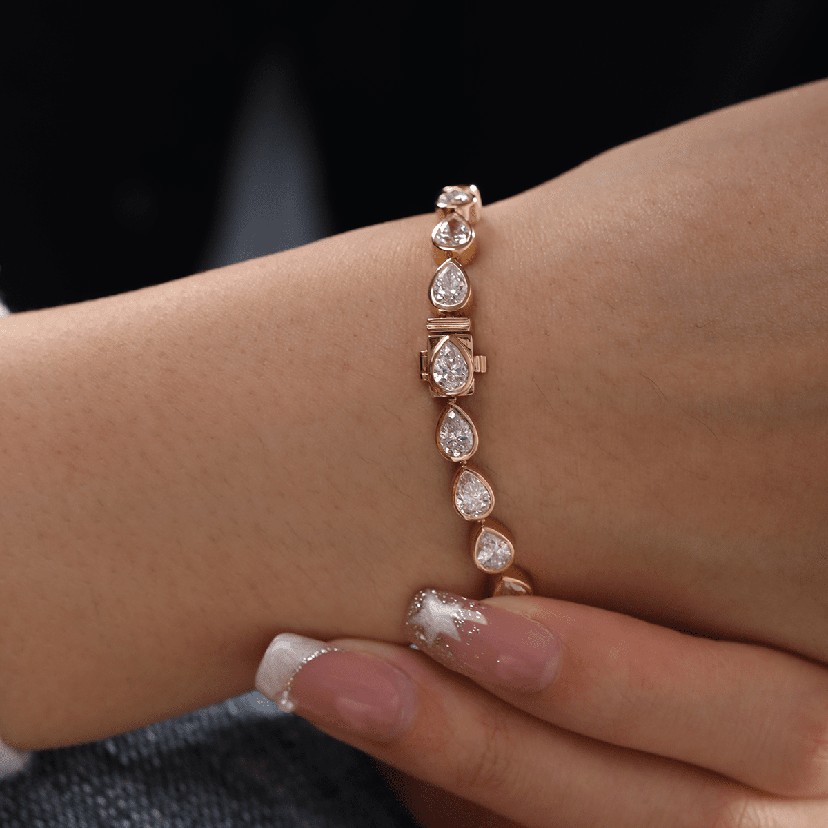 Pear - Shaped Lab Diamond Bezel - Set Tennis Bracelet with Box Clasp - MMR