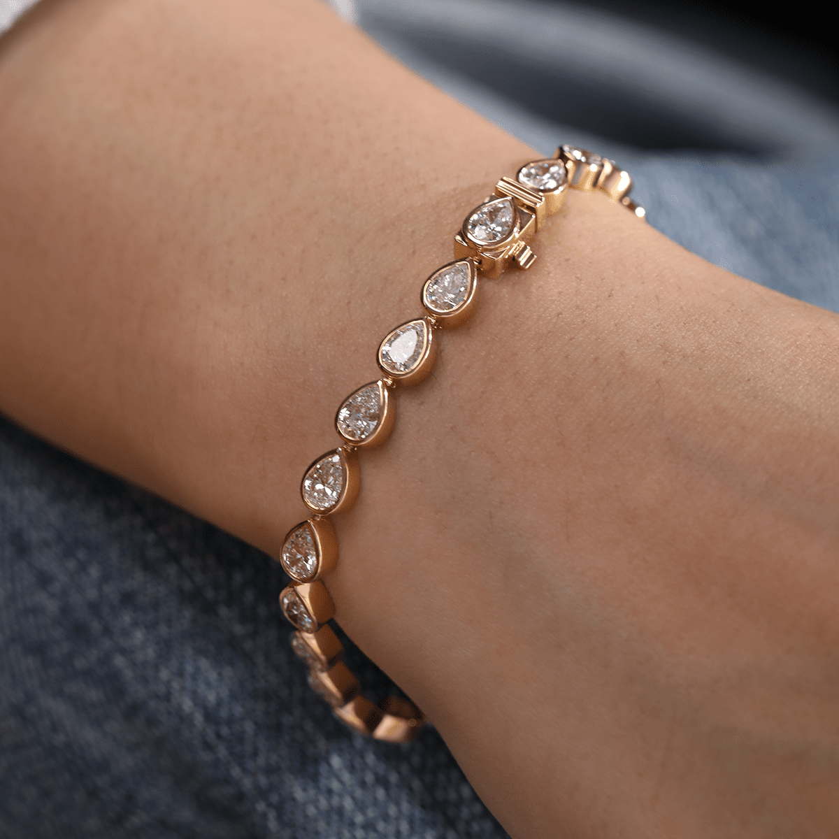 Pear - Shaped Lab Diamond Bezel - Set Tennis Bracelet with Box Clasp - MMR