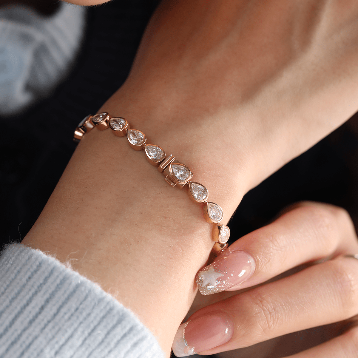 Pear - Shaped Lab Diamond Bezel - Set Tennis Bracelet with Box Clasp - MMR