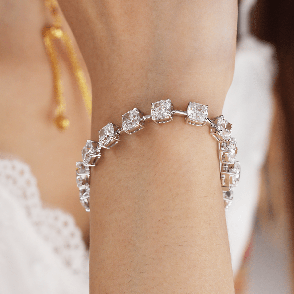 Platinum 24 ct tw Cushion Lab Diamond 4 Claw Prong Bakset Station Bracelet - MMR