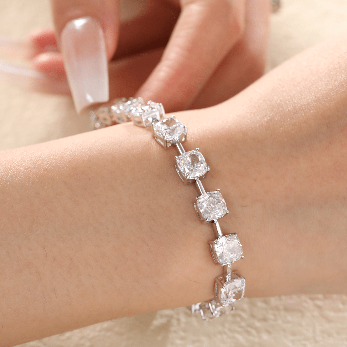 Platinum 24 ct tw Cushion Lab Diamond 4 Claw Prong Bakset Station Bracelet - MMR