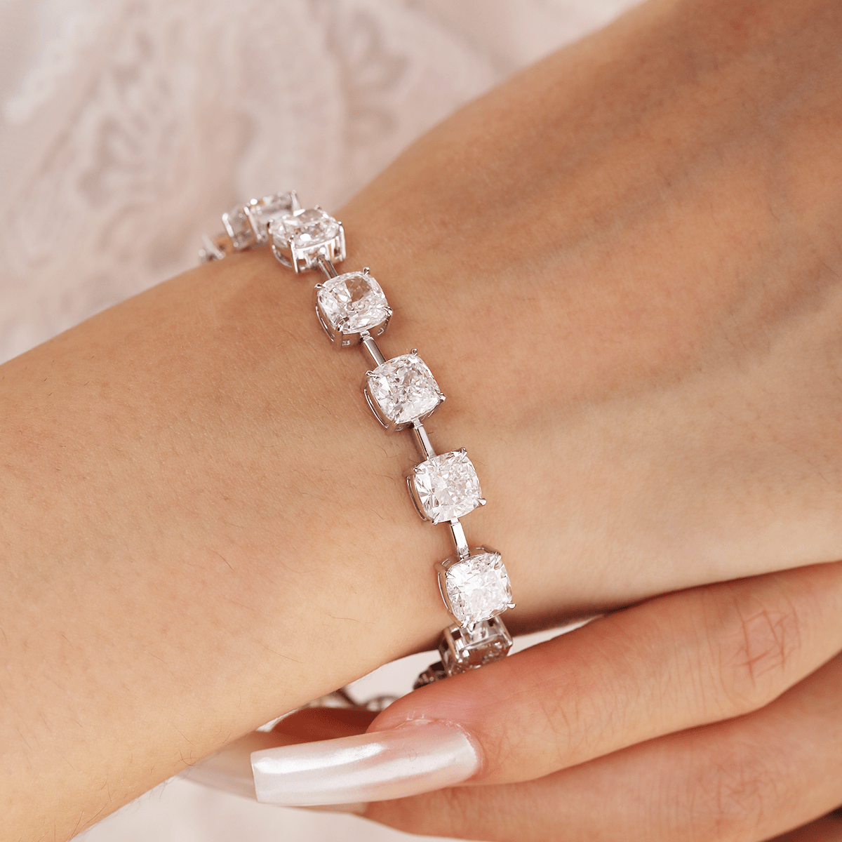 Platinum 24 ct tw Cushion Lab Diamond 4 Claw Prong Bakset Station Bracelet - MMR