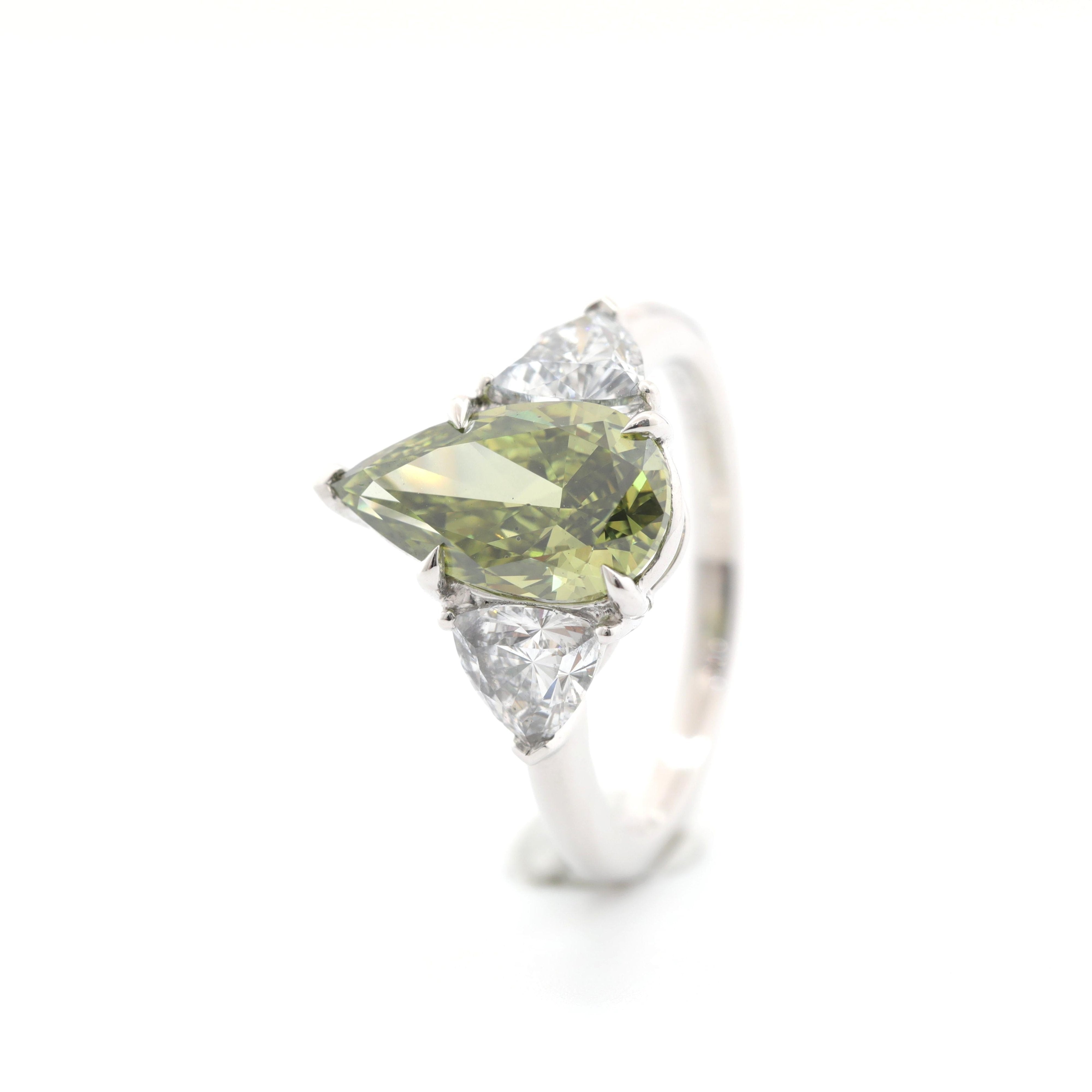 Platinum 3.01ct Pear Green Lab Diamond Three Stone Ring - MMR