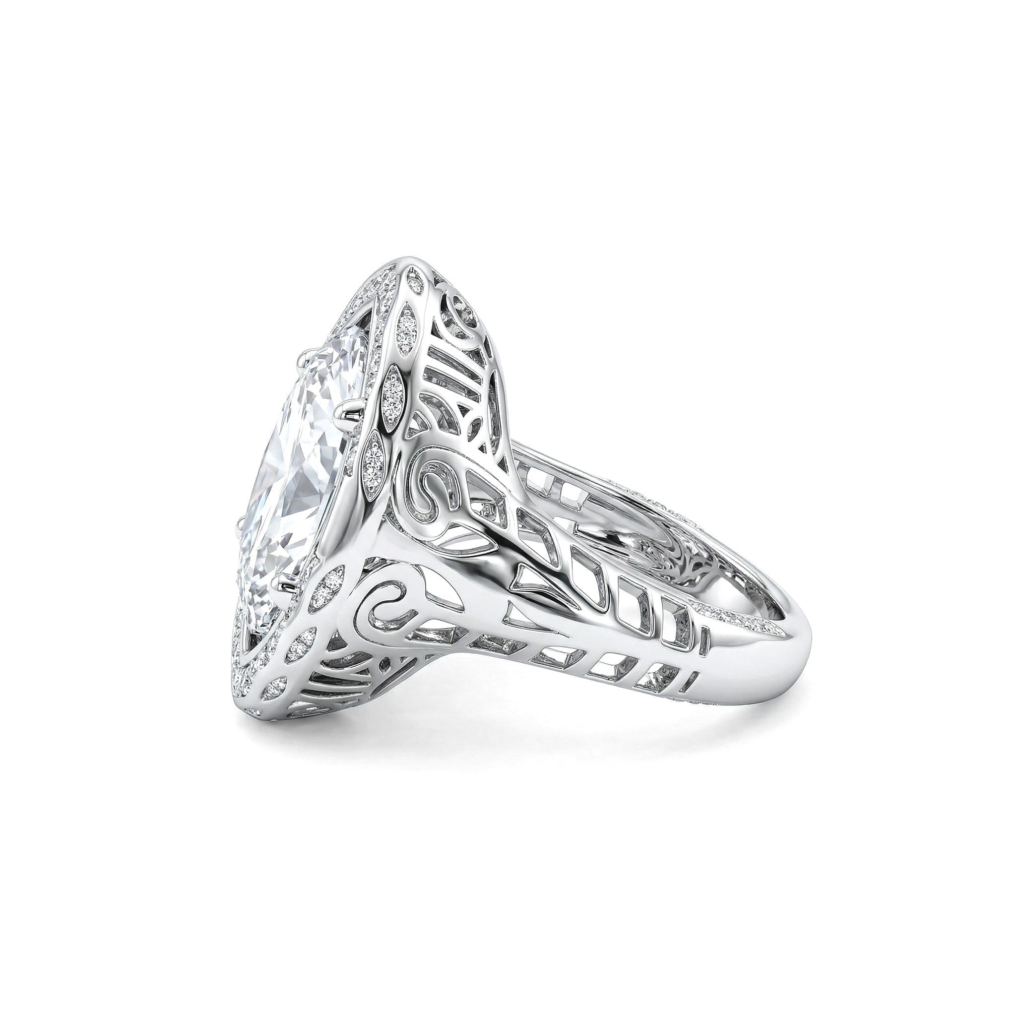 Platinum 3.41CT Elongated Oval Old Mine Cut Lab Diamond Artique Style Filigree Carved Ring - MMR