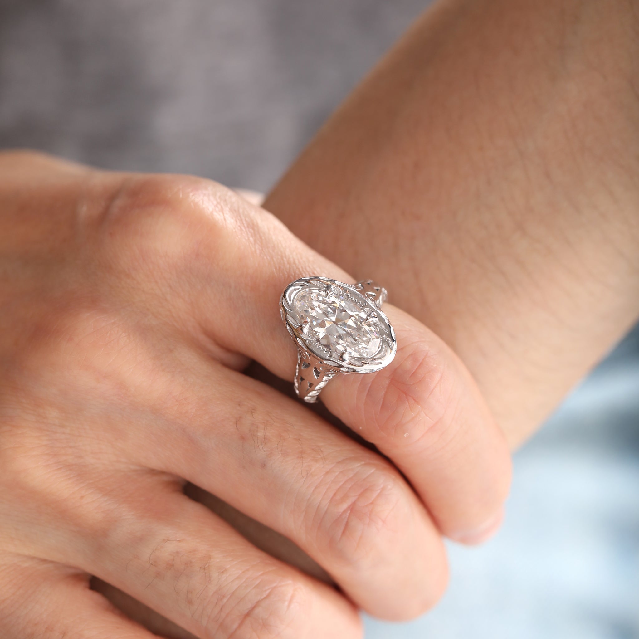 Platinum 3.41CT Elongated Oval Old Mine Cut Lab Diamond Artique Style Filigree Carved Ring - MMR