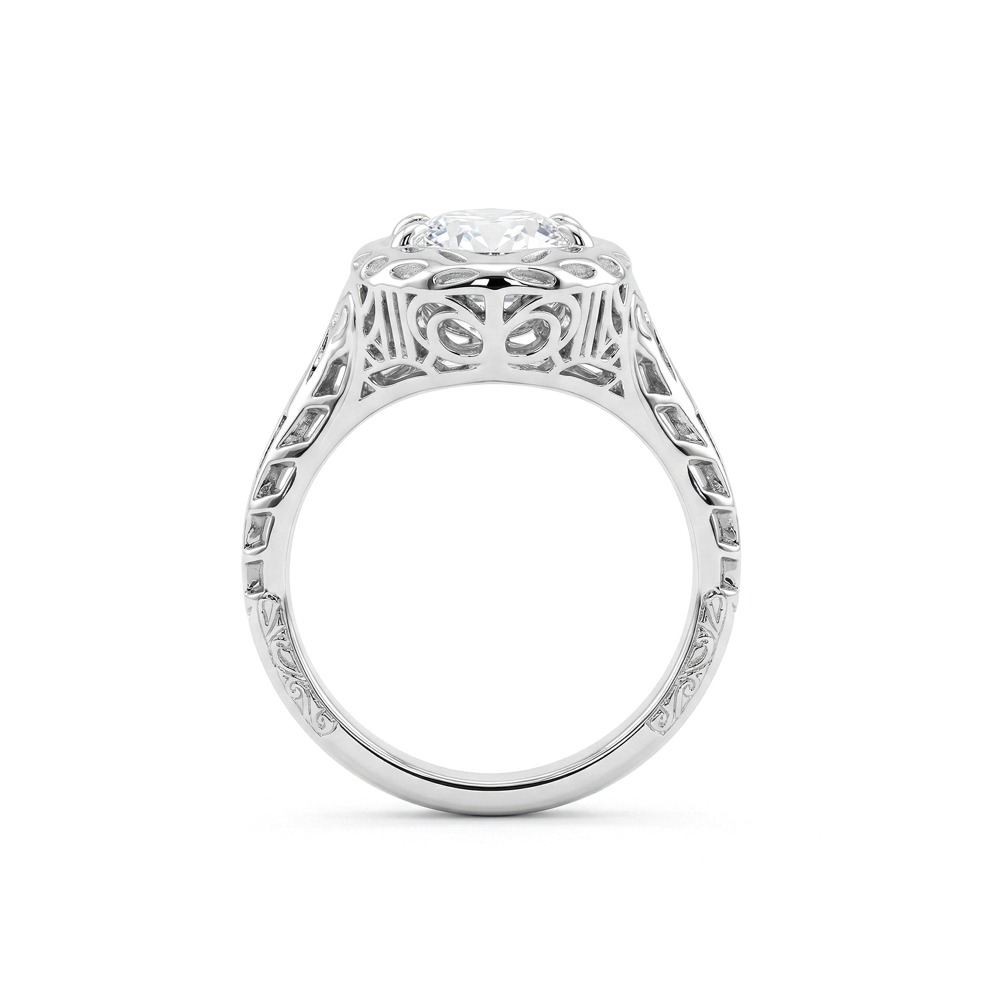 Platinum 3.41CT Elongated Oval Old Mine Cut Lab Diamond Artique Style Filigree Carved Ring - MMR