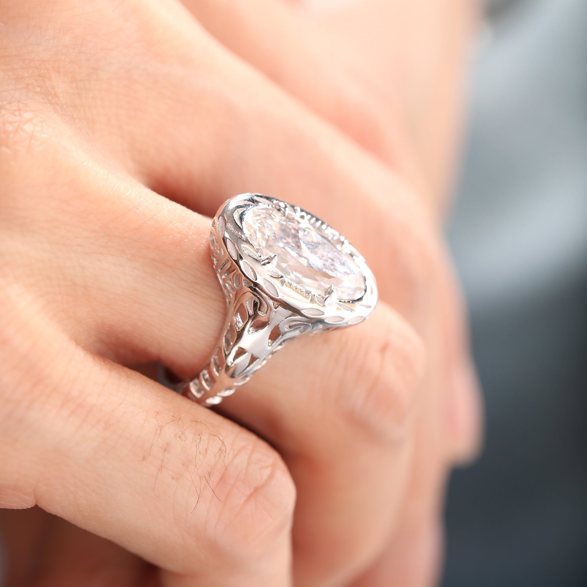 Platinum 3.41CT Elongated Oval Old Mine Cut Lab Diamond Artique Style Filigree Carved Ring - MMR