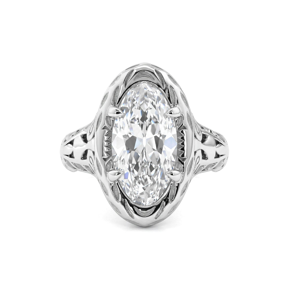 Platinum 3.41CT Elongated Oval Old Mine Cut Lab Diamond Artique Style Filigree Carved Ring - MMR
