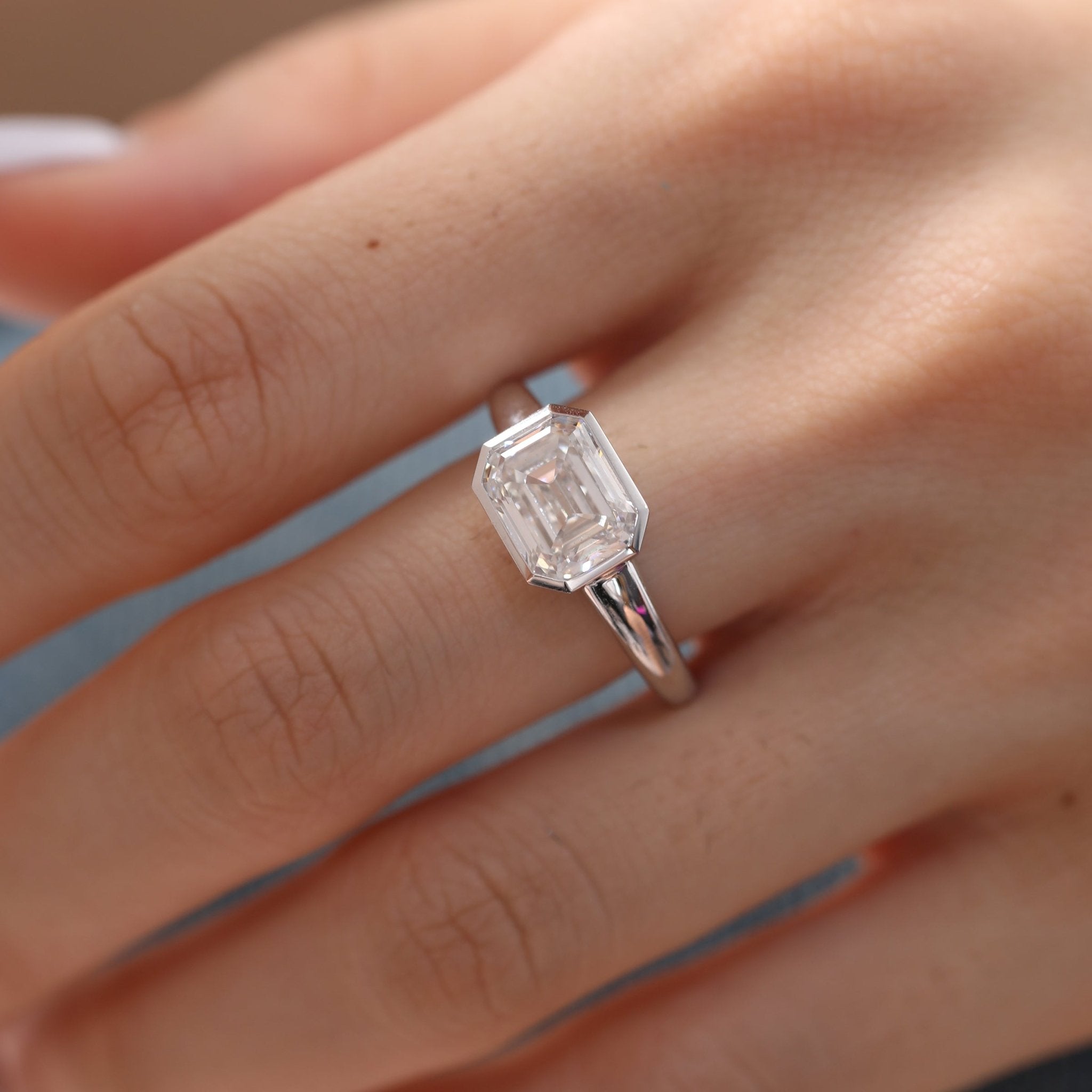 Platinum 3ct Antique Emerald Cut Lab Diamond Bezel Basket Solitaire Ring - MMR