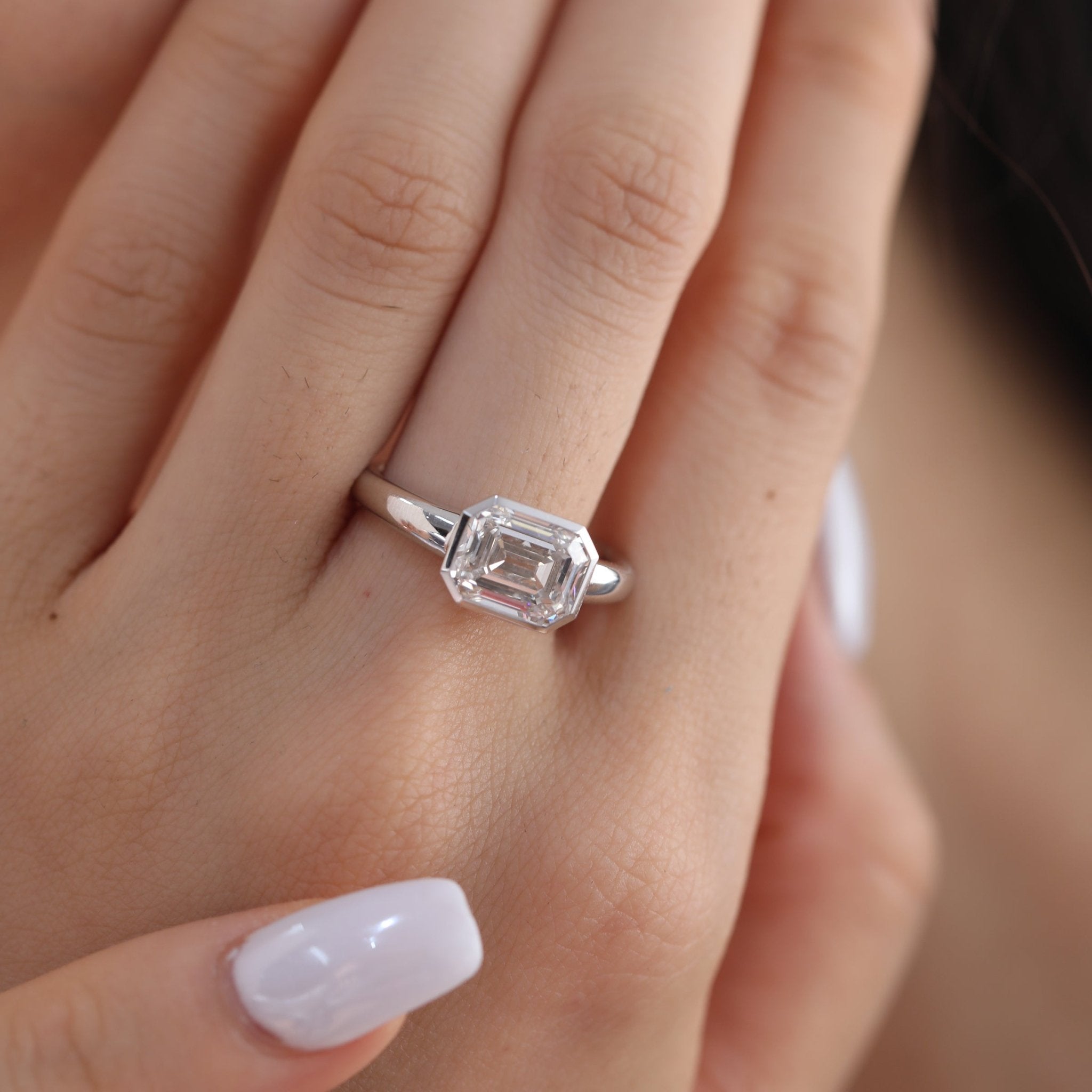 Platinum 3ct Antique Emerald Cut Lab Diamond Bezel Basket Solitaire Ring - MMR