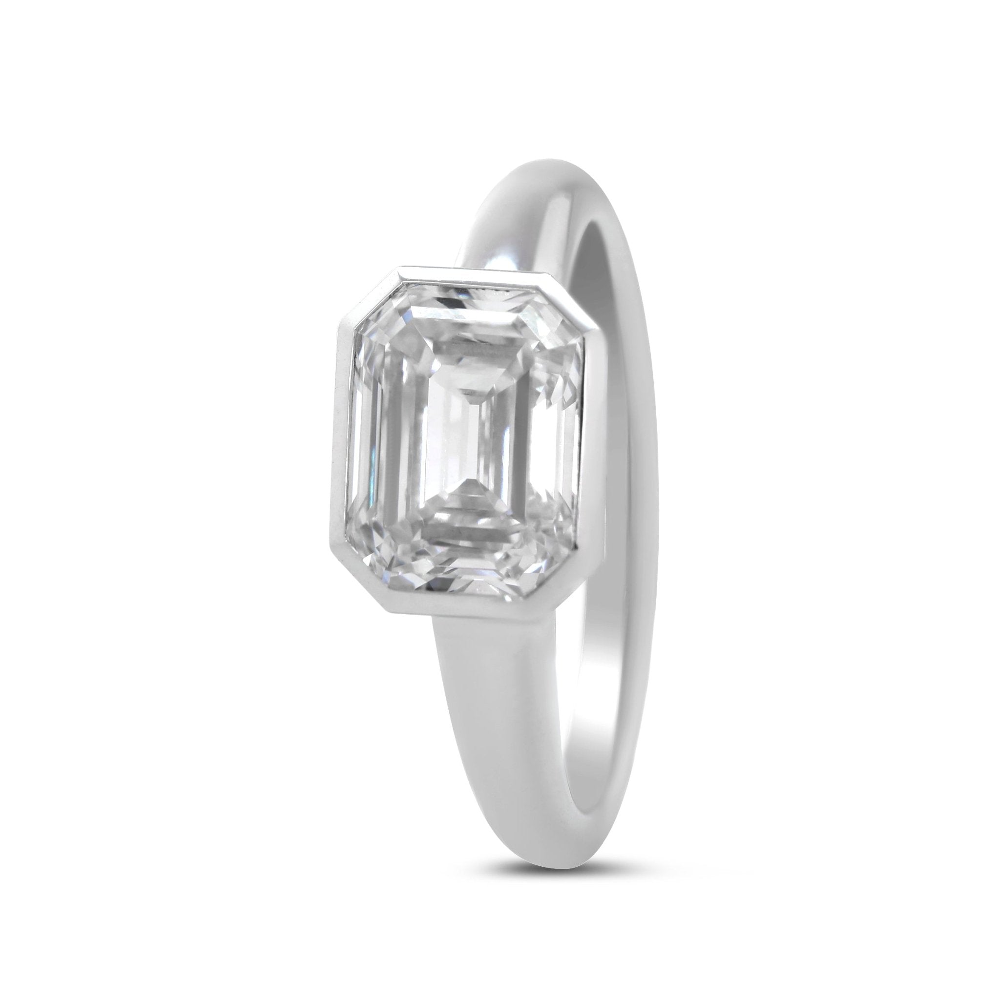 Platinum 3ct Antique Emerald Cut Lab Diamond Bezel Basket Solitaire Ring - MMR