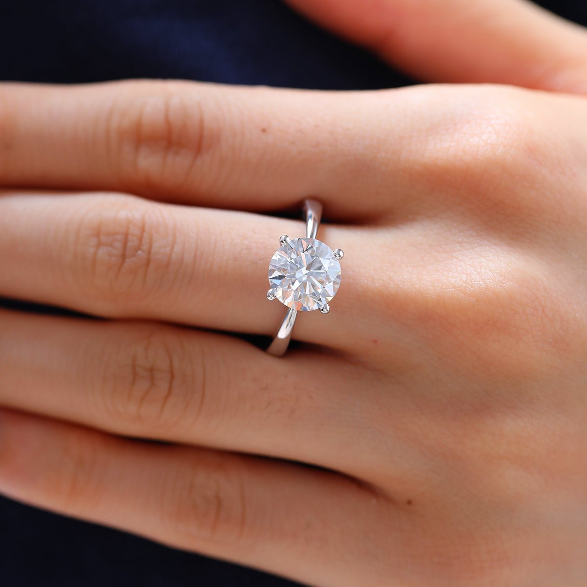 Platinum 3ct Round Lab Diamond 4 Round Prong Basket Solitaire Ring with Tapered Band Design - MMR