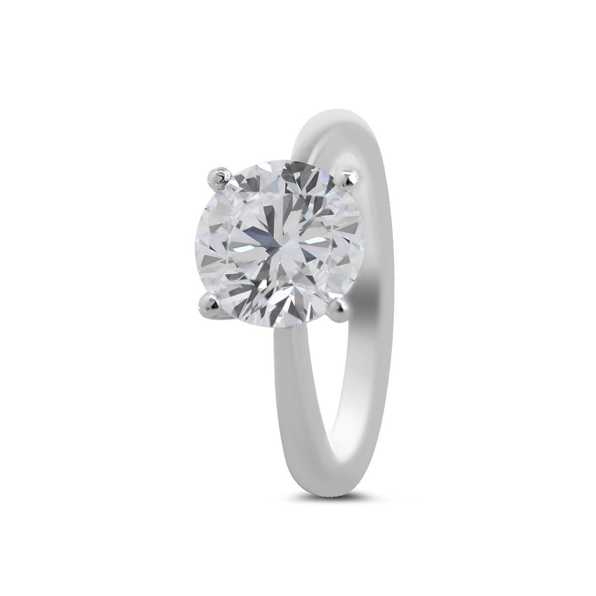 Platinum 3ct Round Lab Diamond 4 Round Prong Basket Solitaire Ring with Tapered Band Design - MMR