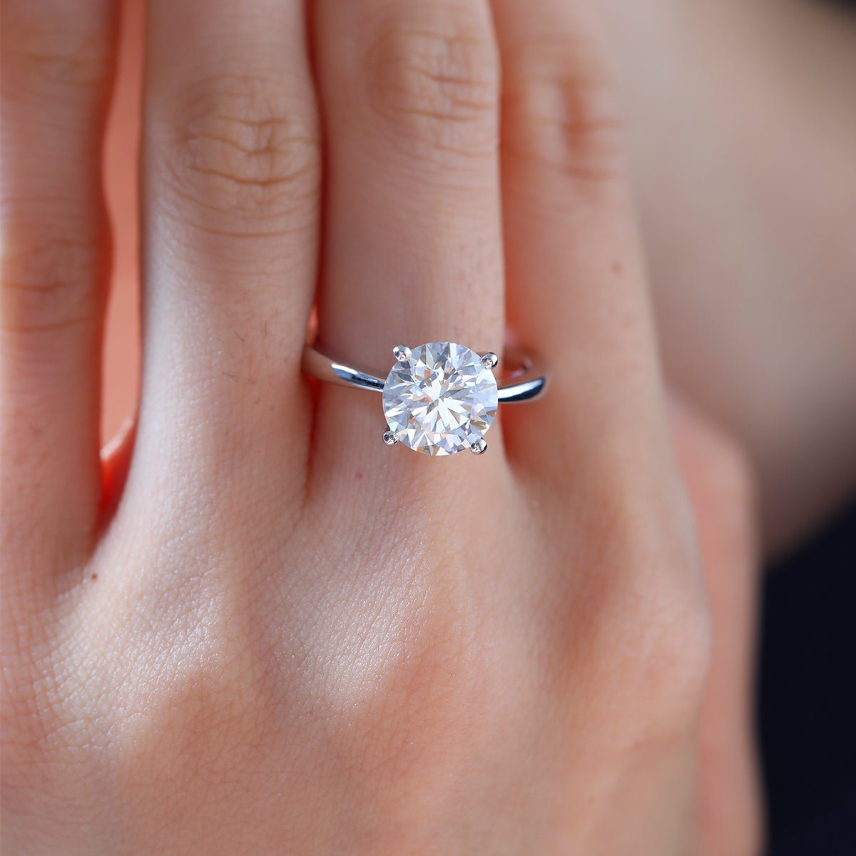 Platinum 3ct Round Lab Diamond 4 Round Prong Basket Solitaire Ring with Tapered Band Design - MMR