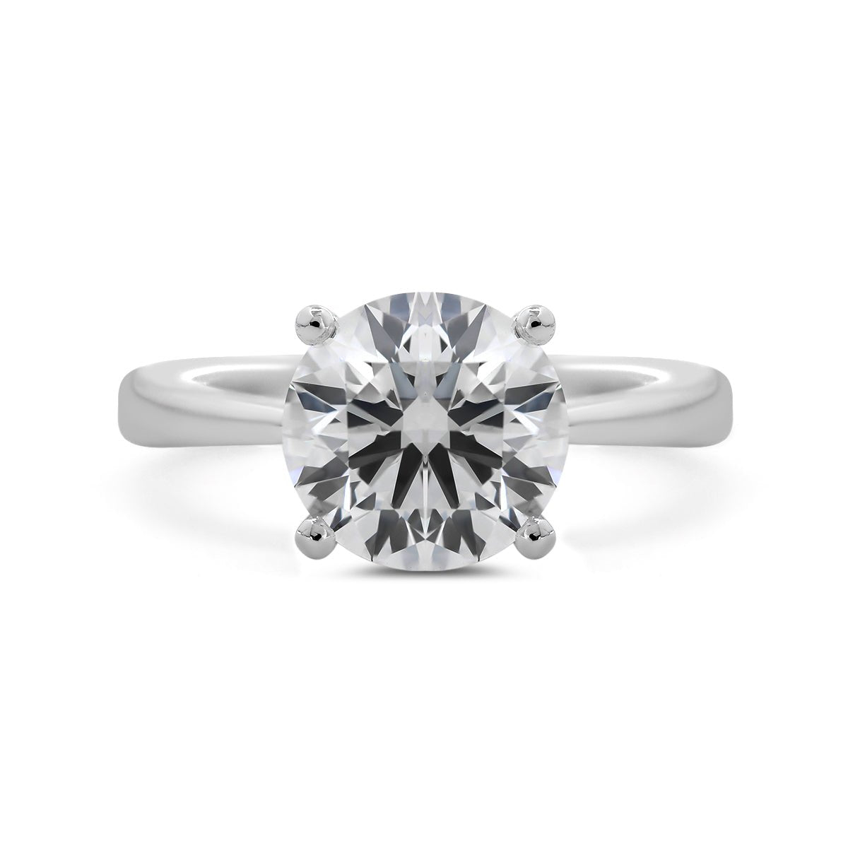 Platinum 3ct Round Lab Diamond 4 Round Prong Basket Solitaire Ring with Tapered Band Design - MMR