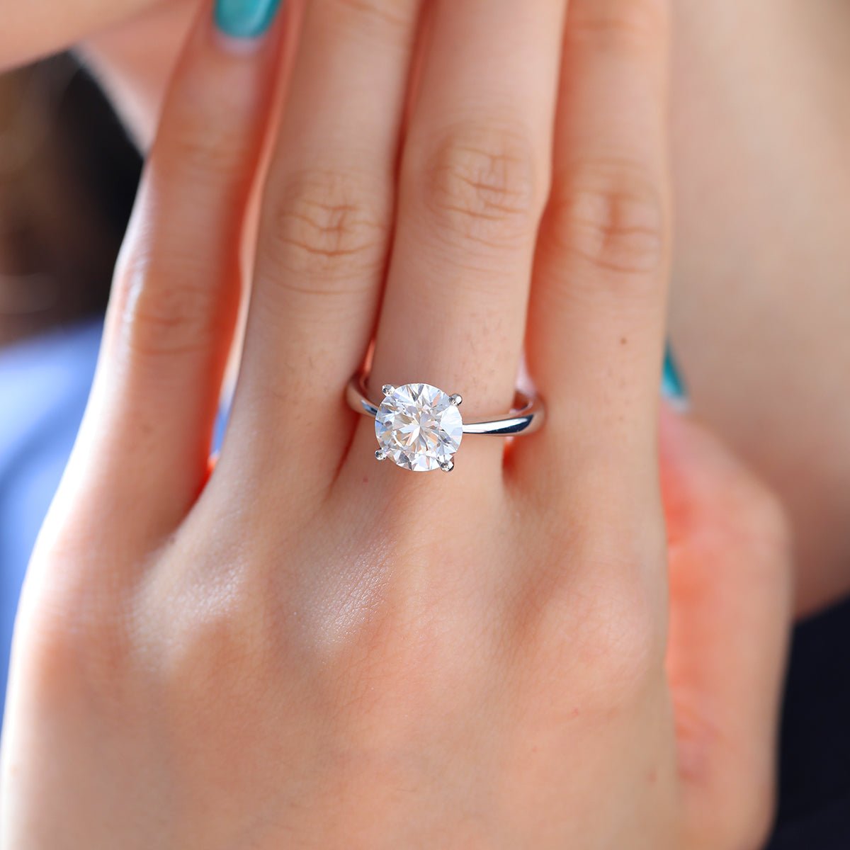 Platinum 3ct Round Lab Diamond 4 Round Prong Basket Solitaire Ring with Tapered Band Design - MMR