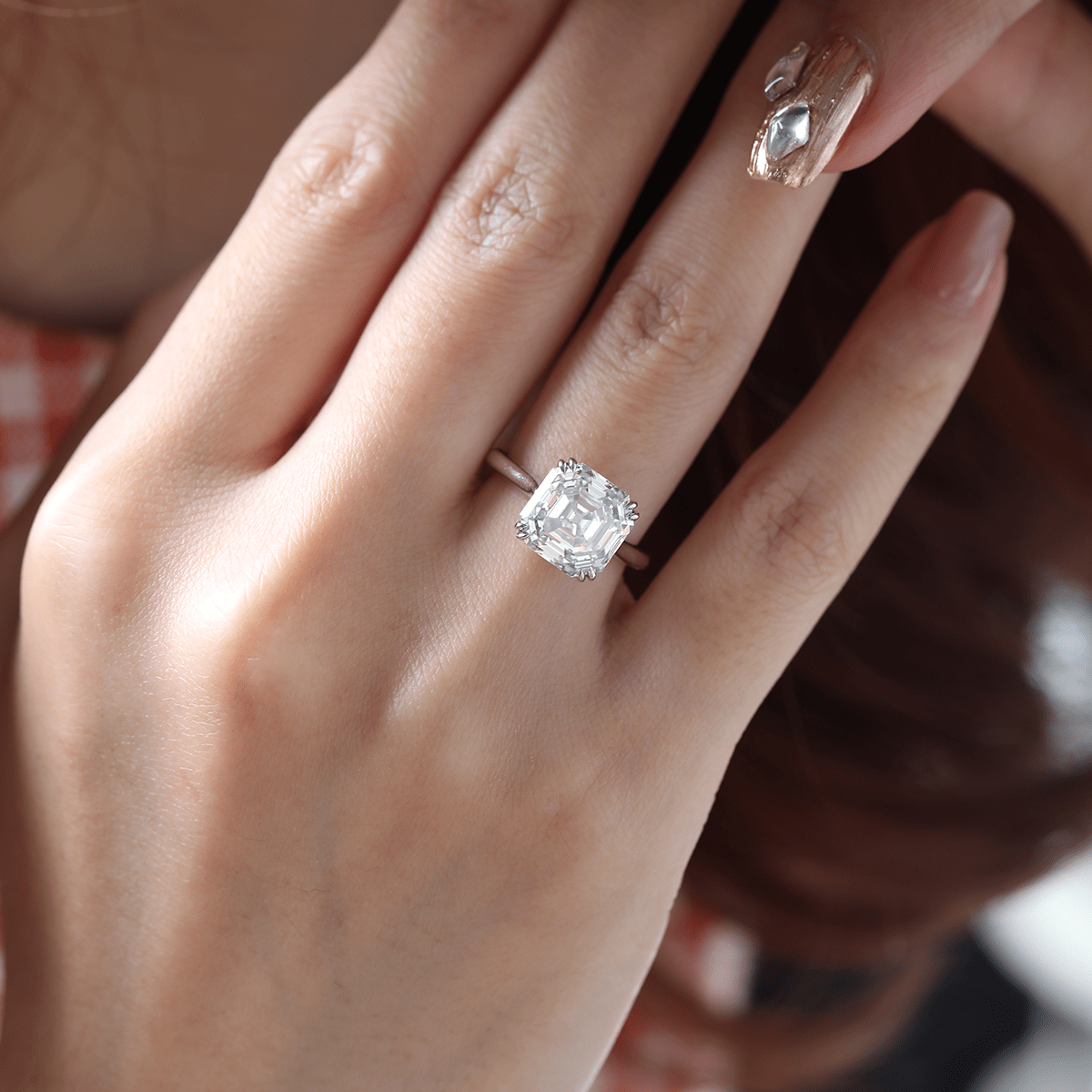 Platinum 5ct Antique Asscher Cut Lab Diamond Double Claw Prong Basket Solitaire Ring - MMR