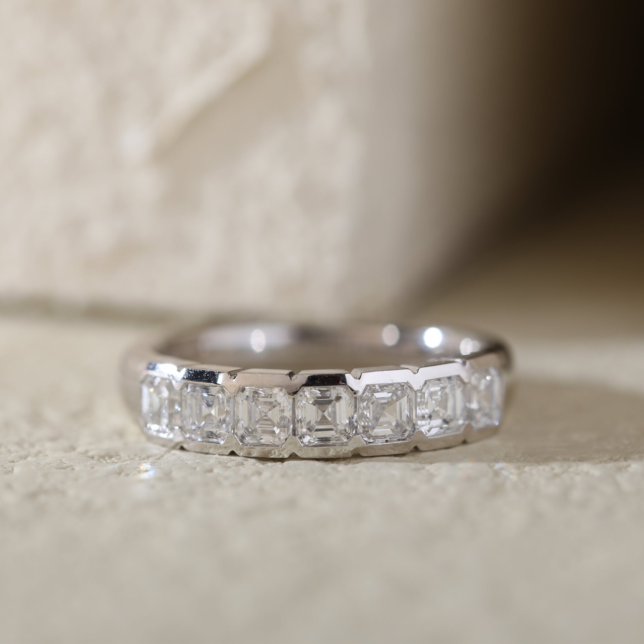 Platinum Asscher Cut Lab Diamond Bezel 7-Stone Ring - MMR