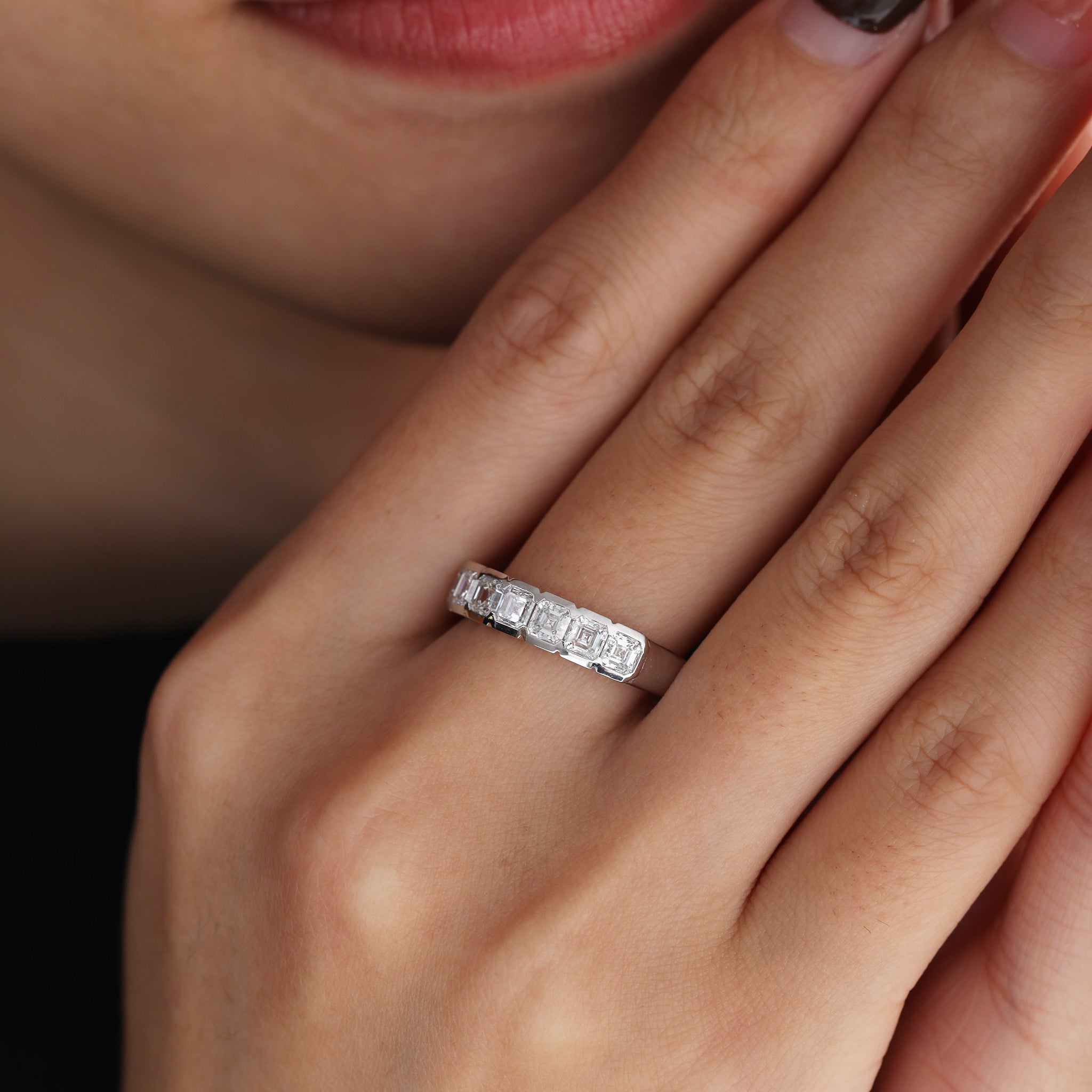 Platinum Asscher Cut Lab Diamond Bezel 7-Stone Ring - MMR