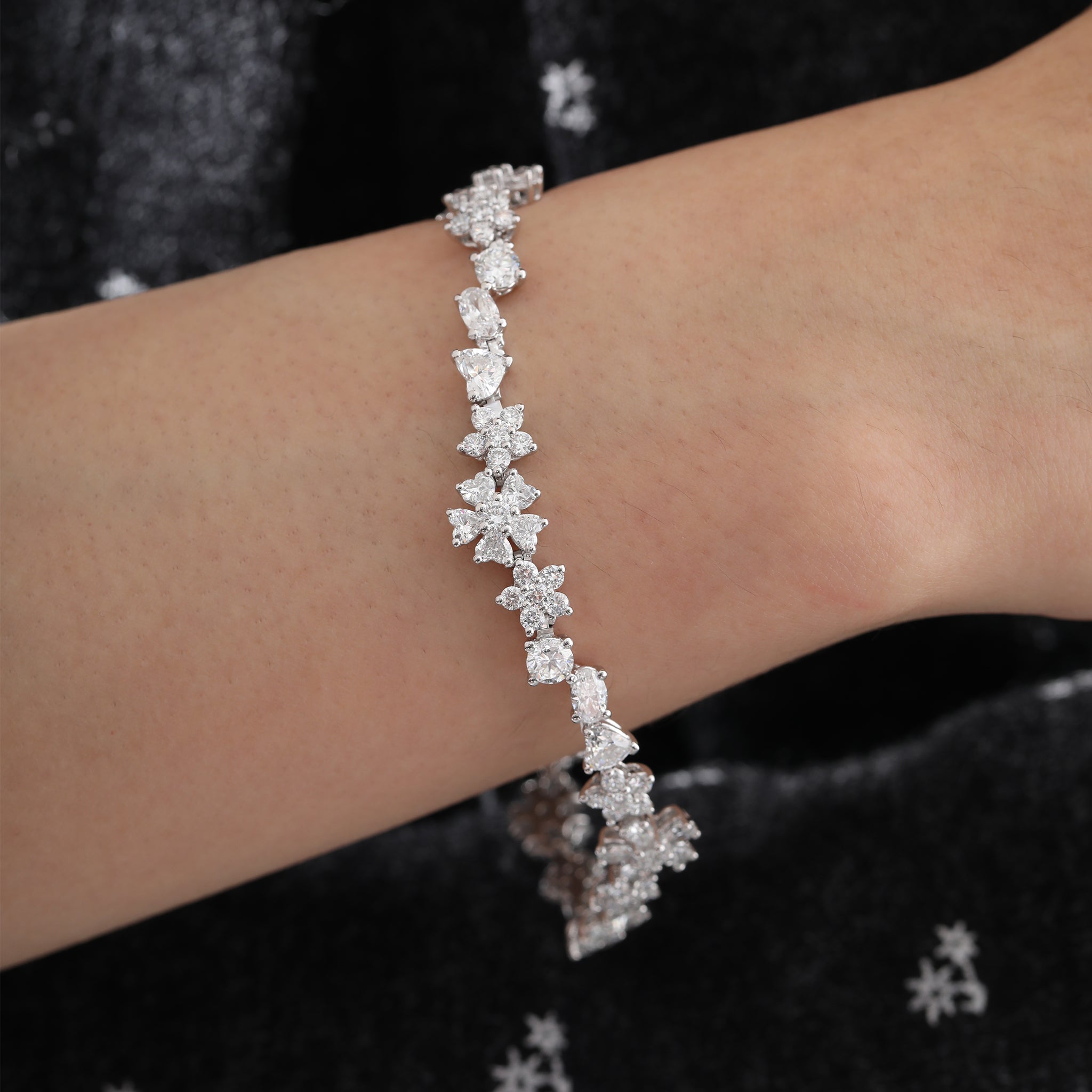 Platinum Brilliant Cut Fancy Shaped Lab Diamond Petal Wave Bracelet (17cm) - MMR