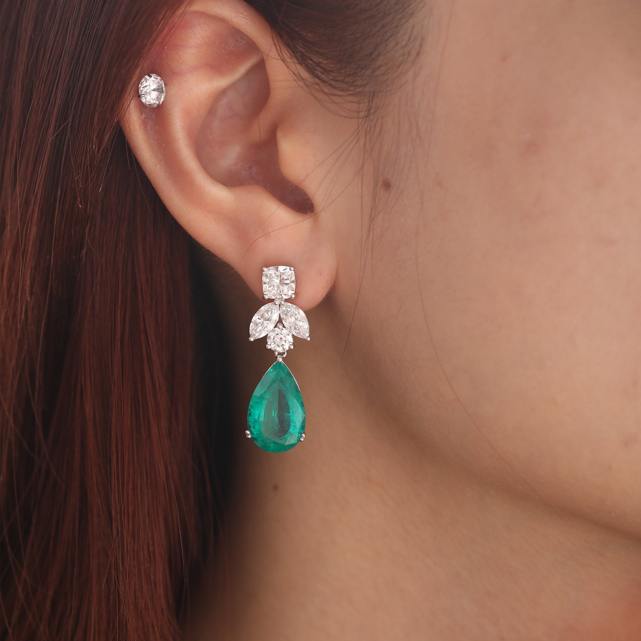 Platinum Lab Colombian Teardrop Emerald Drop Earrings with Lab Diamond Accents - MMR