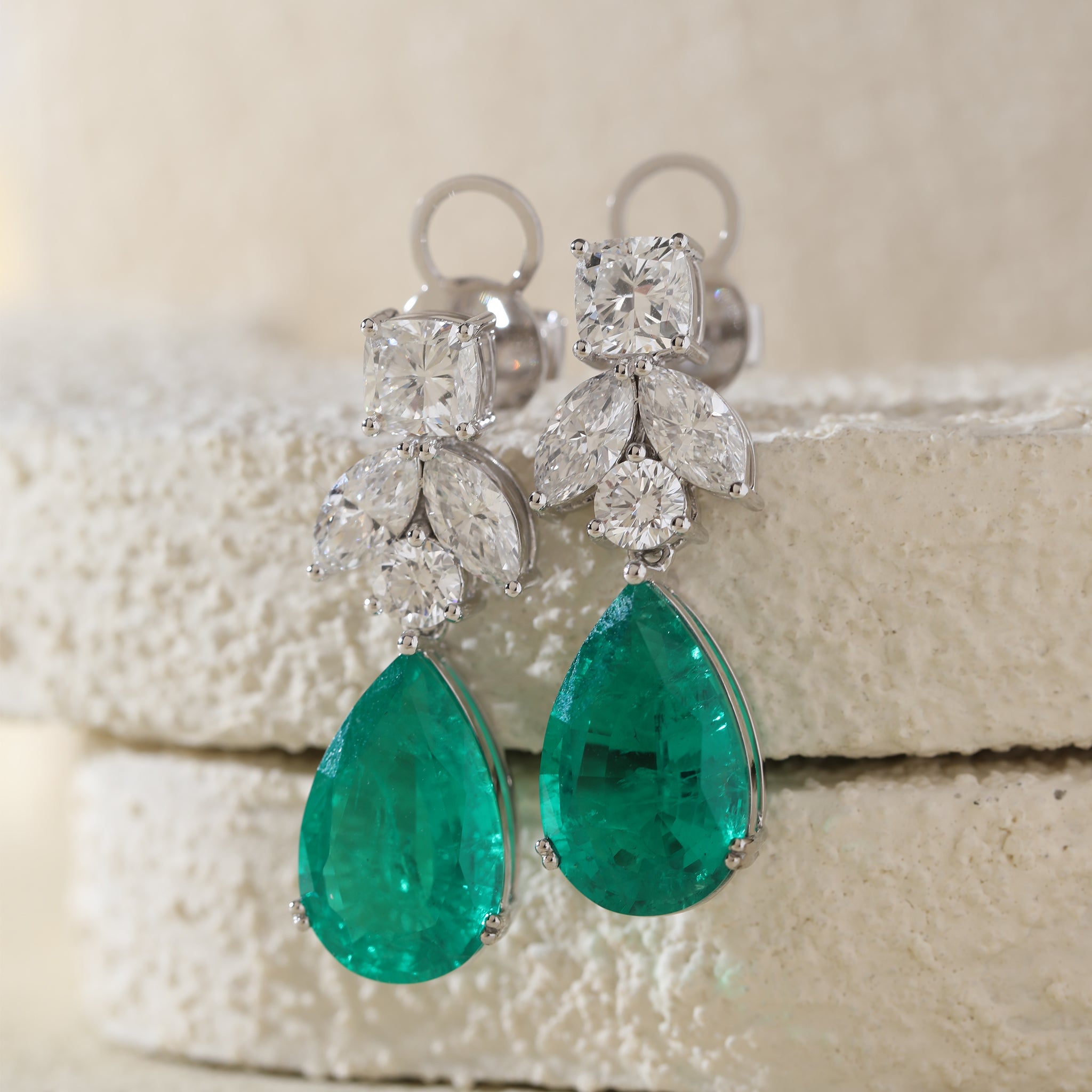 Platinum Lab Colombian Teardrop Emerald Drop Earrings with Lab Diamond Accents - MMR