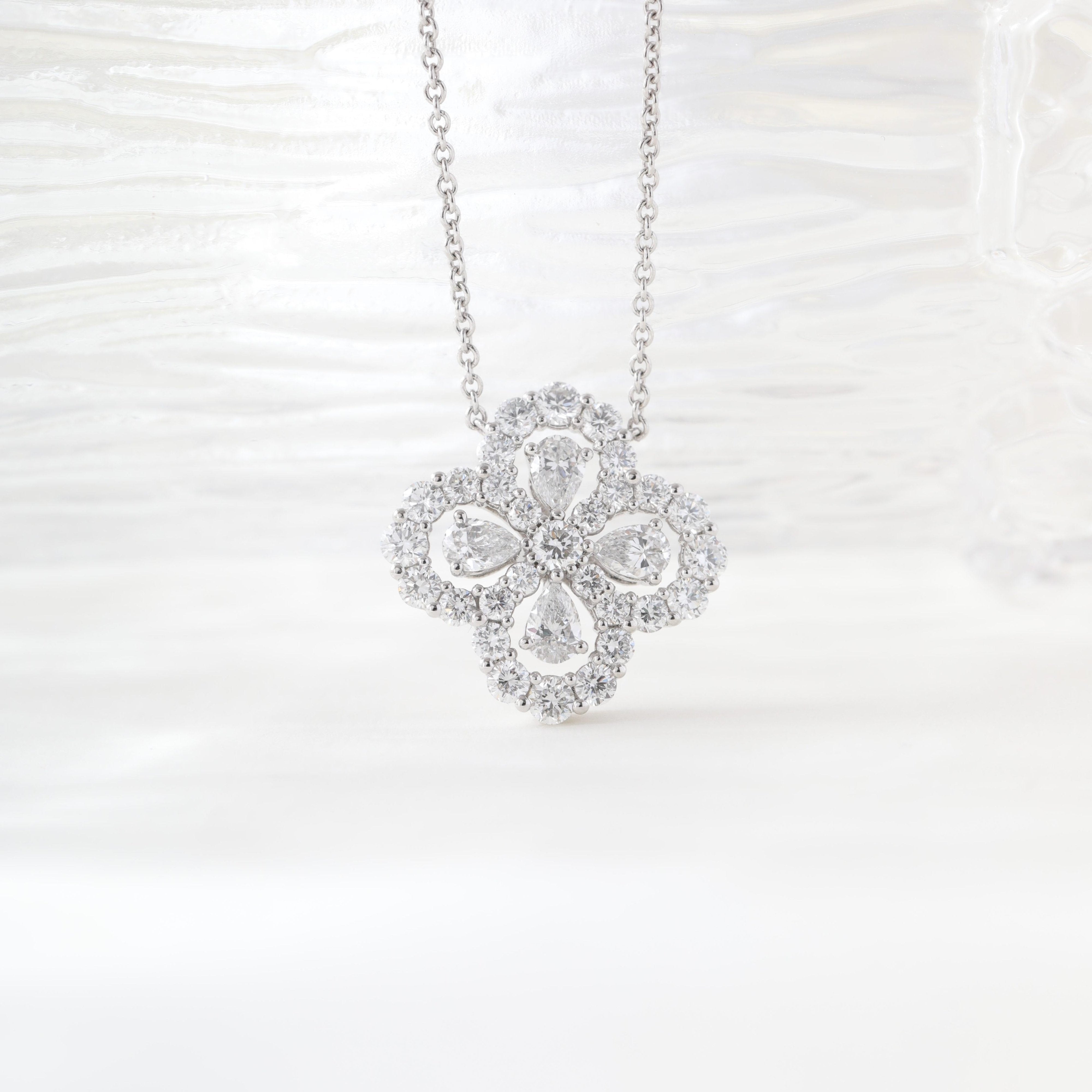 Platinum Pear and Round Lab Diamond Floral Pendant Necklace with 18 Inches Chain - MMR