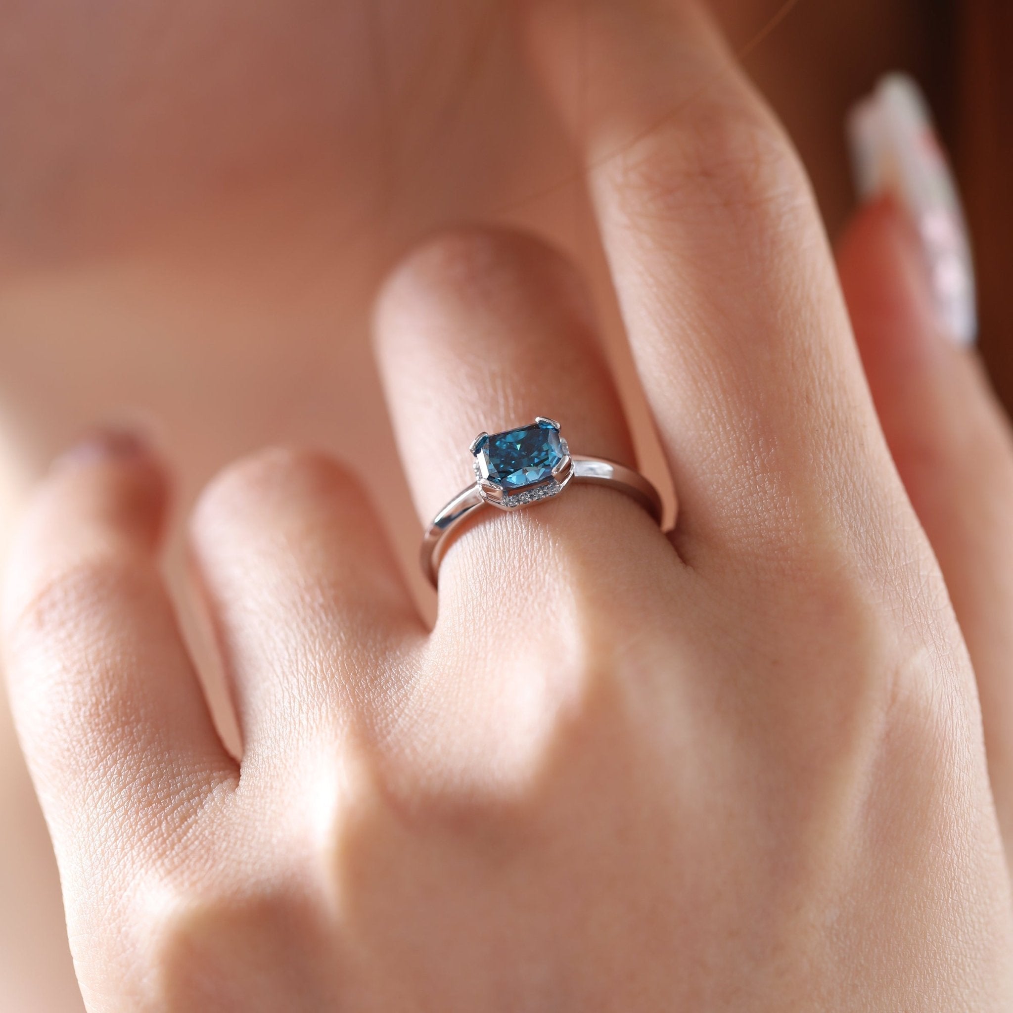 Platinum Radiant Cut Blue Lab Diamond Starlit Ocean Oath Ring with Round Lab Diamond Half Hidden Halo - MMR