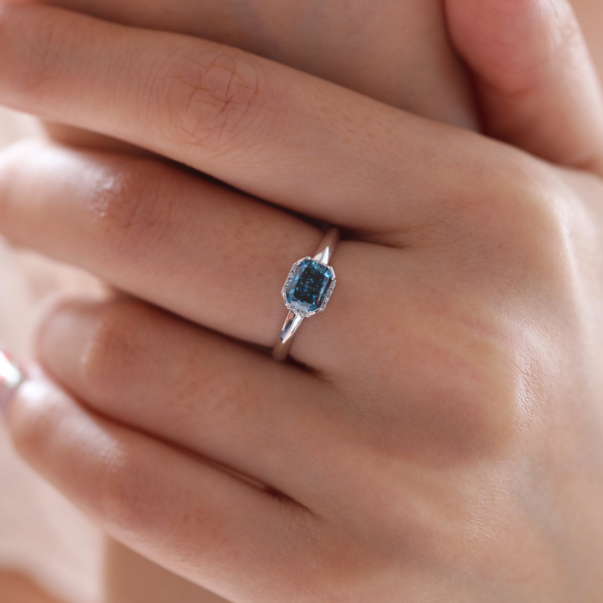 Platinum Radiant Cut Blue Lab Diamond Starlit Ocean Oath Ring with Round Lab Diamond Half Hidden Halo - MMR