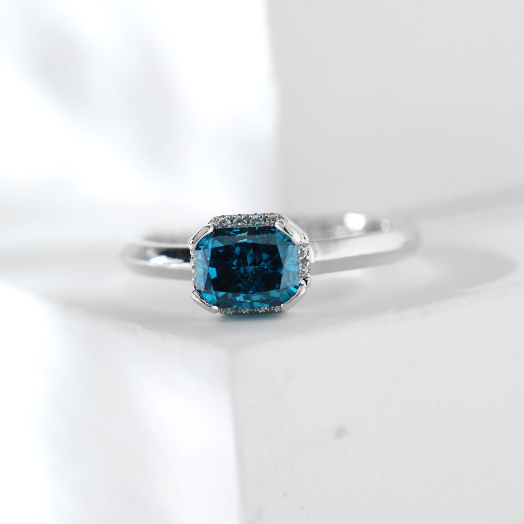Platinum Radiant Cut Blue Lab Diamond Starlit Ocean Oath Ring with Round Lab Diamond Half Hidden Halo - MMR