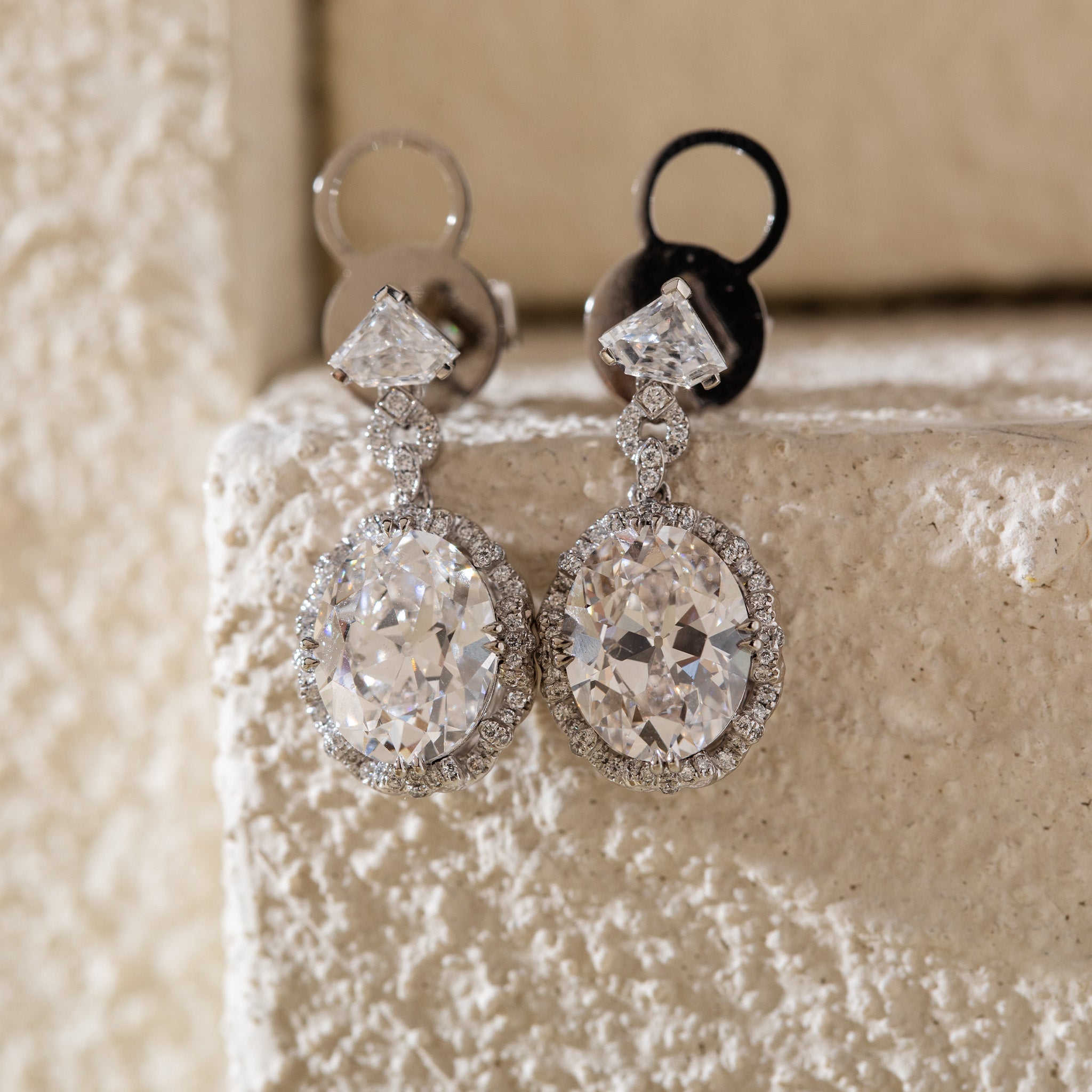 Platinum Vintage - Style Oval Lab Diamond Drop Earrings with Diamond Shape Accents - MMR