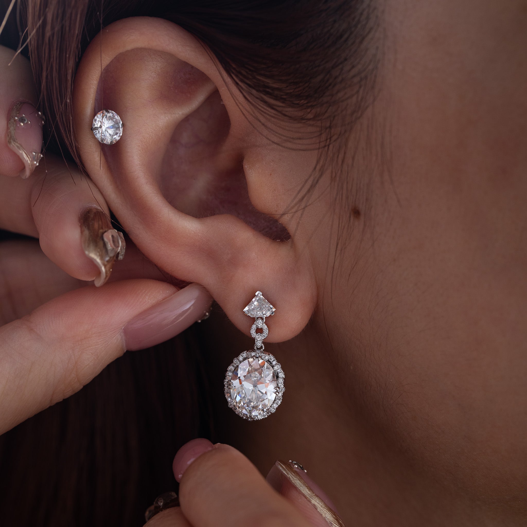Platinum Vintage - Style Oval Lab Diamond Drop Earrings with Diamond Shape Accents - MMR