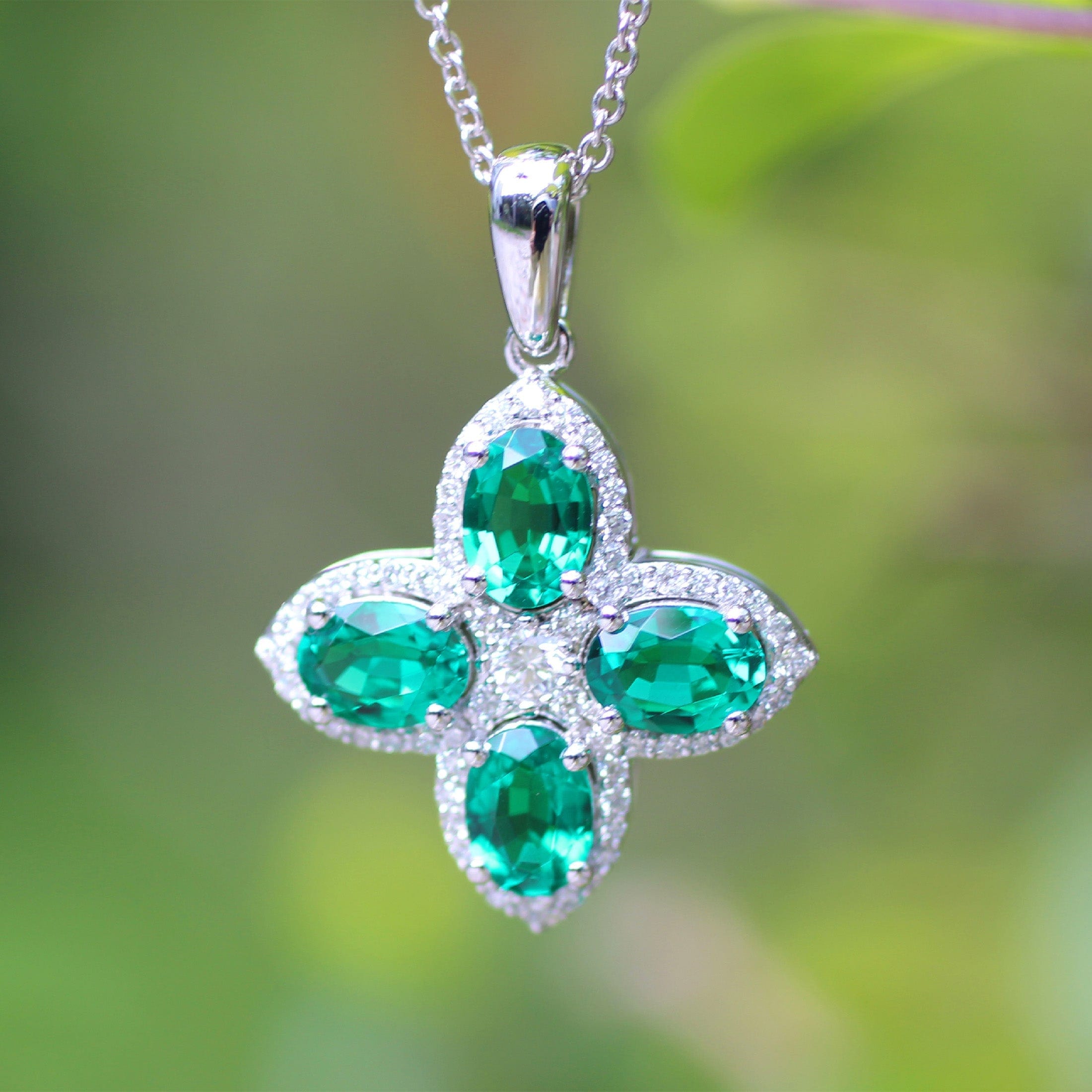 Platinum Oval Cut Lab Emerald Four-leaf Clover Halo Necklace