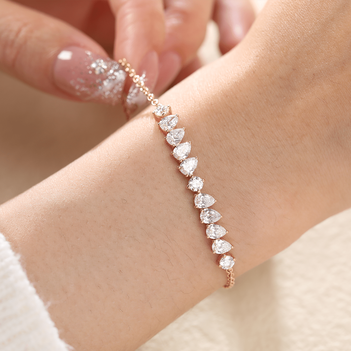 Round and Pear - Shaped Lab Diamond Chain Bracelet in Prong Basket Setting - MMR