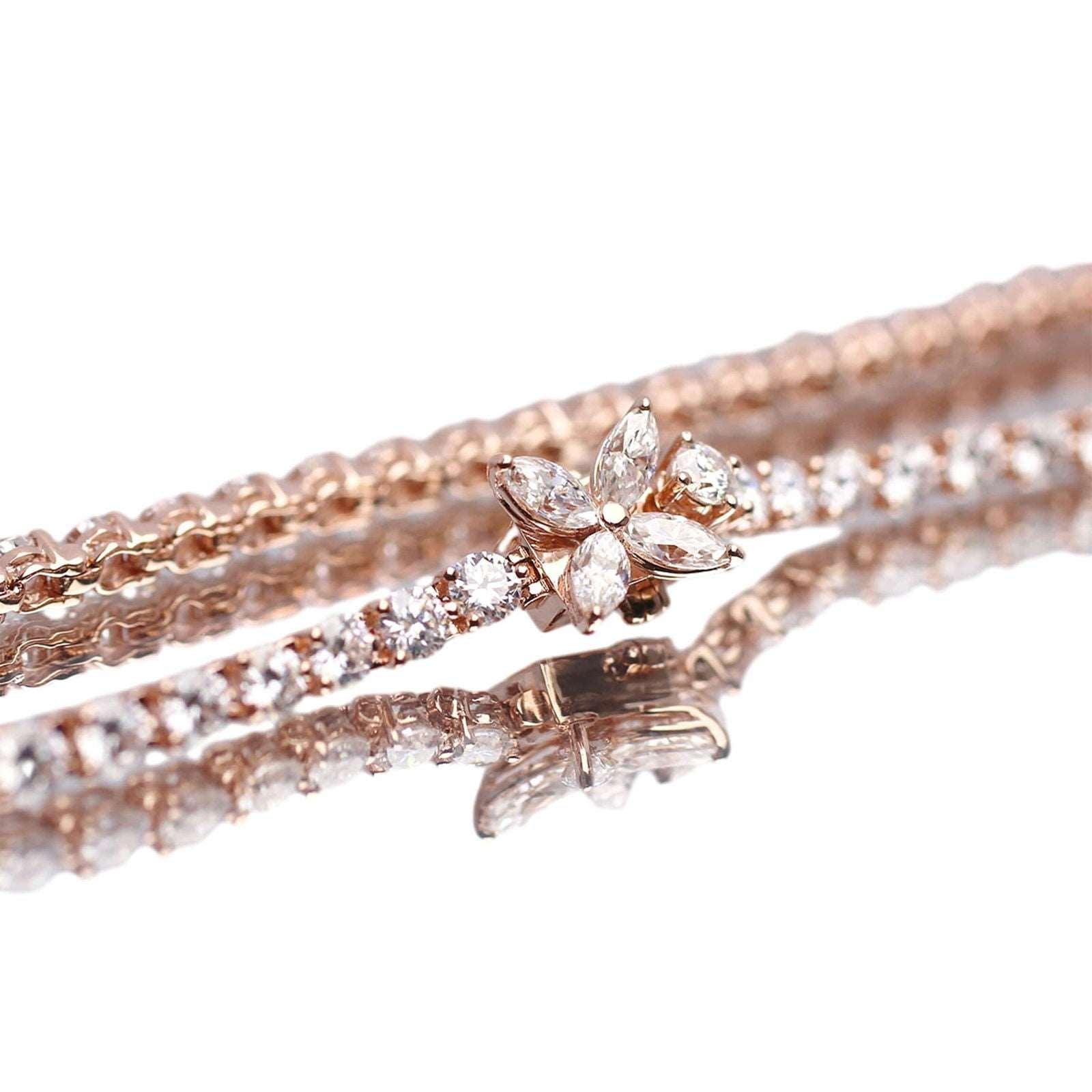 Round Cut Lab Diamond Three - Prong Basket Tennis Bracelet with Floral Marquise Diamond Box Clasp - MMR