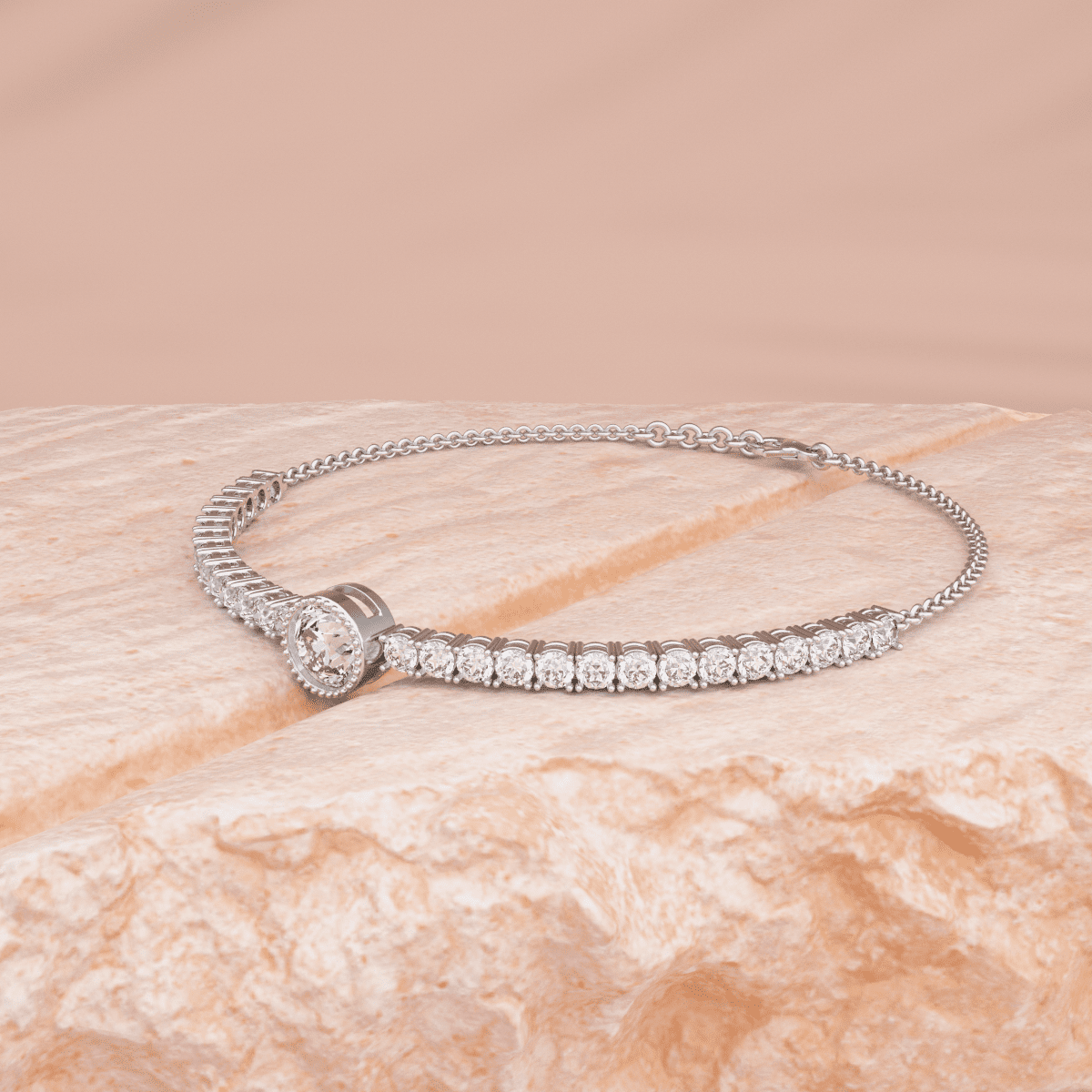 Round Lab Diamond Adjustable Chain Bracelet with a 6mm Millegrain Bezel - Set Center Stone - MMR