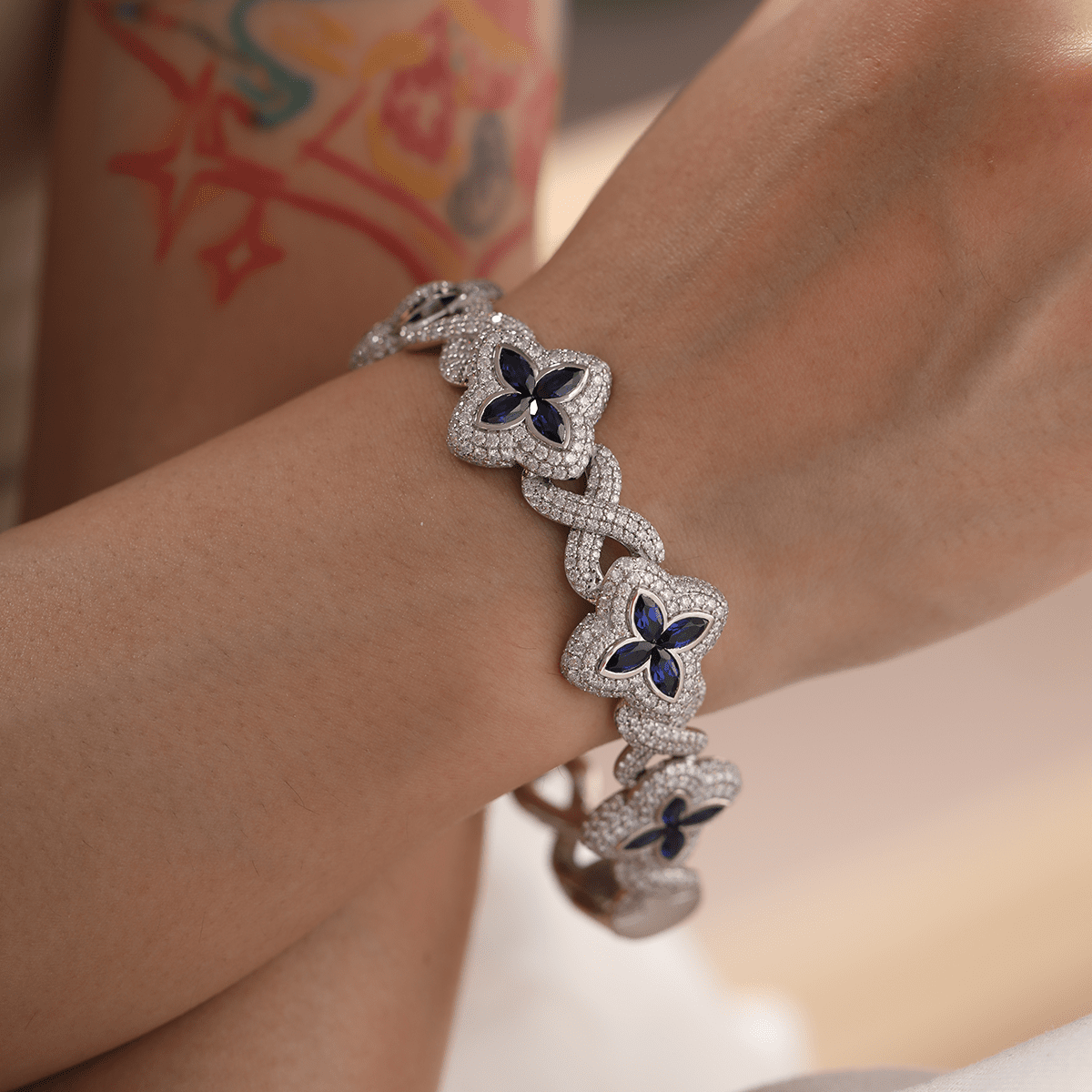 Round Lab Diamond Bracelet with Pear - Shaped Lab Sapphire — Art Nouveau "Eternal Fleur" Blue Design - MMR