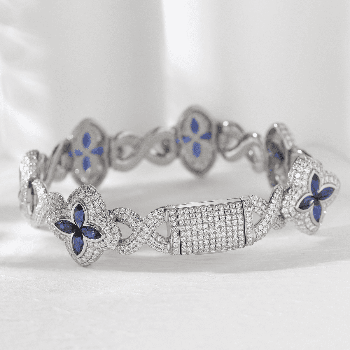 Round Lab Diamond Bracelet with Pear - Shaped Lab Sapphire — Art Nouveau "Eternal Fleur" Blue Design - MMR